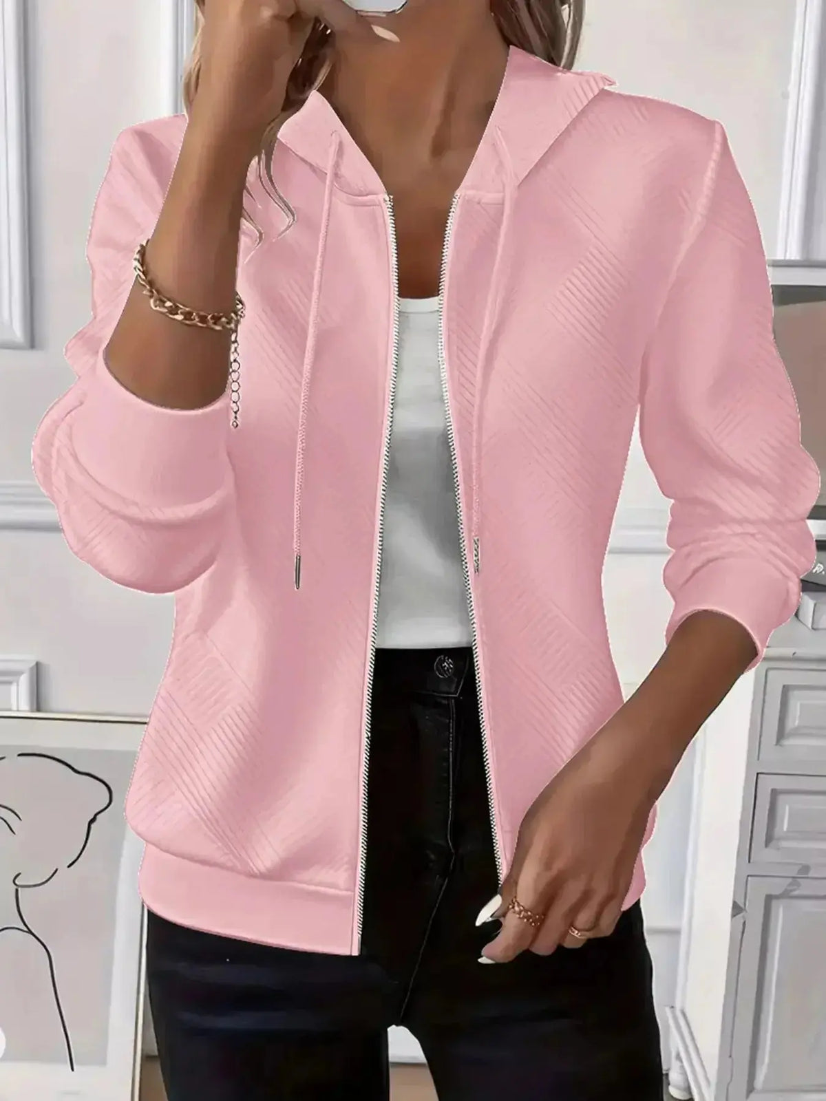 Women’s textured zip-up hoodie with adjustable drawstring from Plush Fashion Hub, featuring a cozy, stylish design.