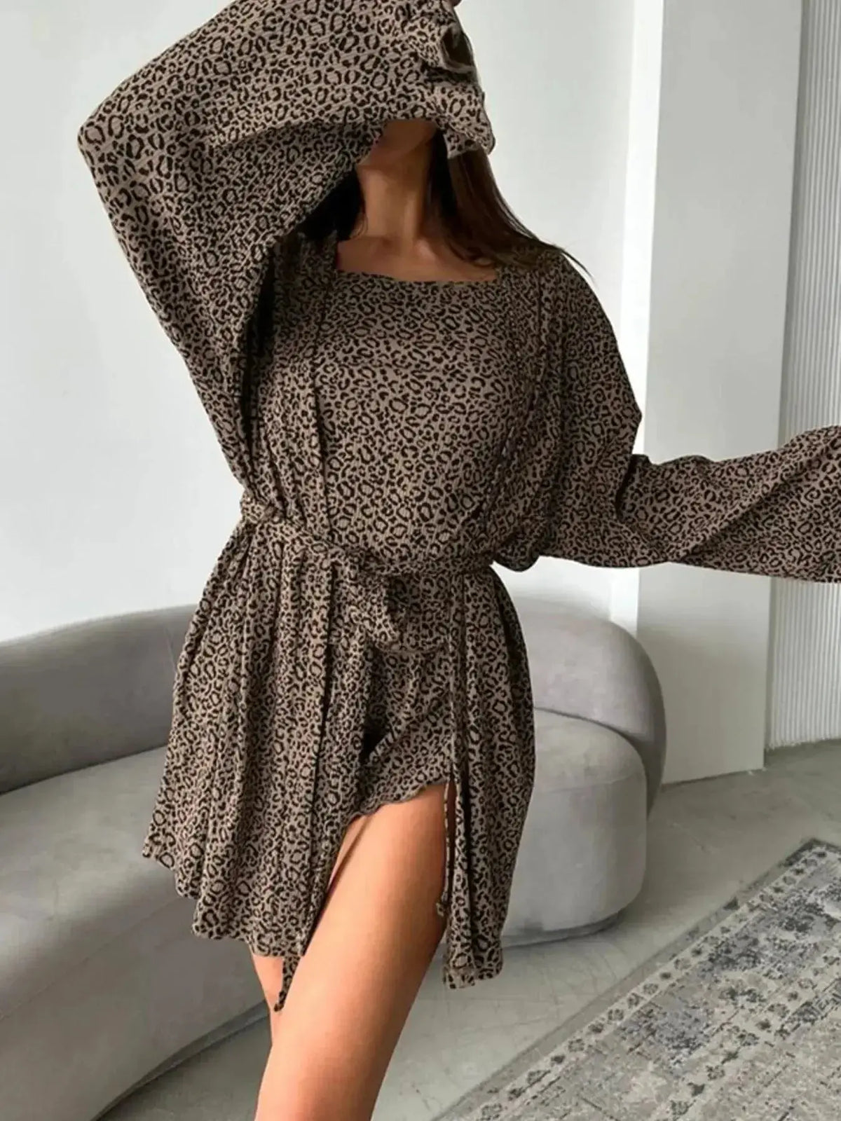 Women’s leopard print pajama set with cami, shorts, and cardigan by Plush Fashion Hub, featuring cozy lounge comfort and stylish design.