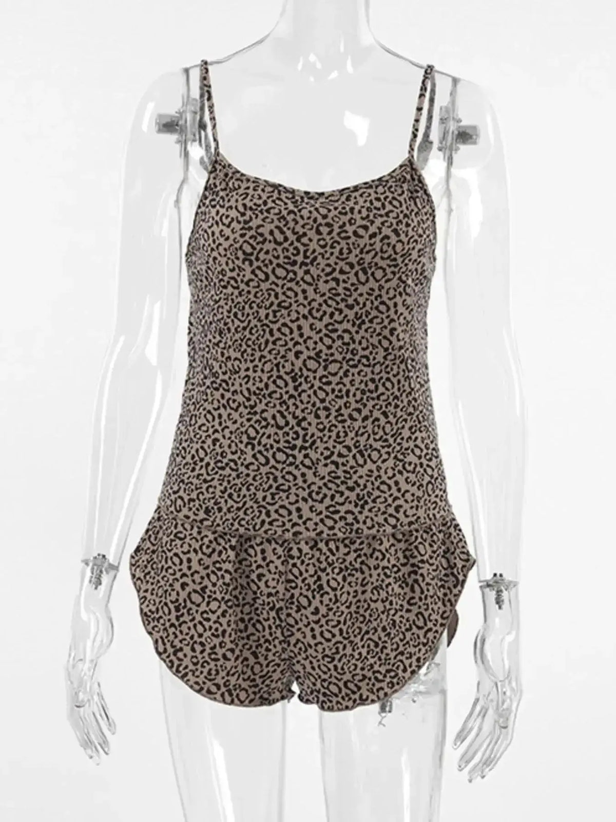Women’s leopard print 3-piece pajama lounge set with cami, shorts, and cardigan by Plush Fashion Hub, perfect for cozy relaxation.