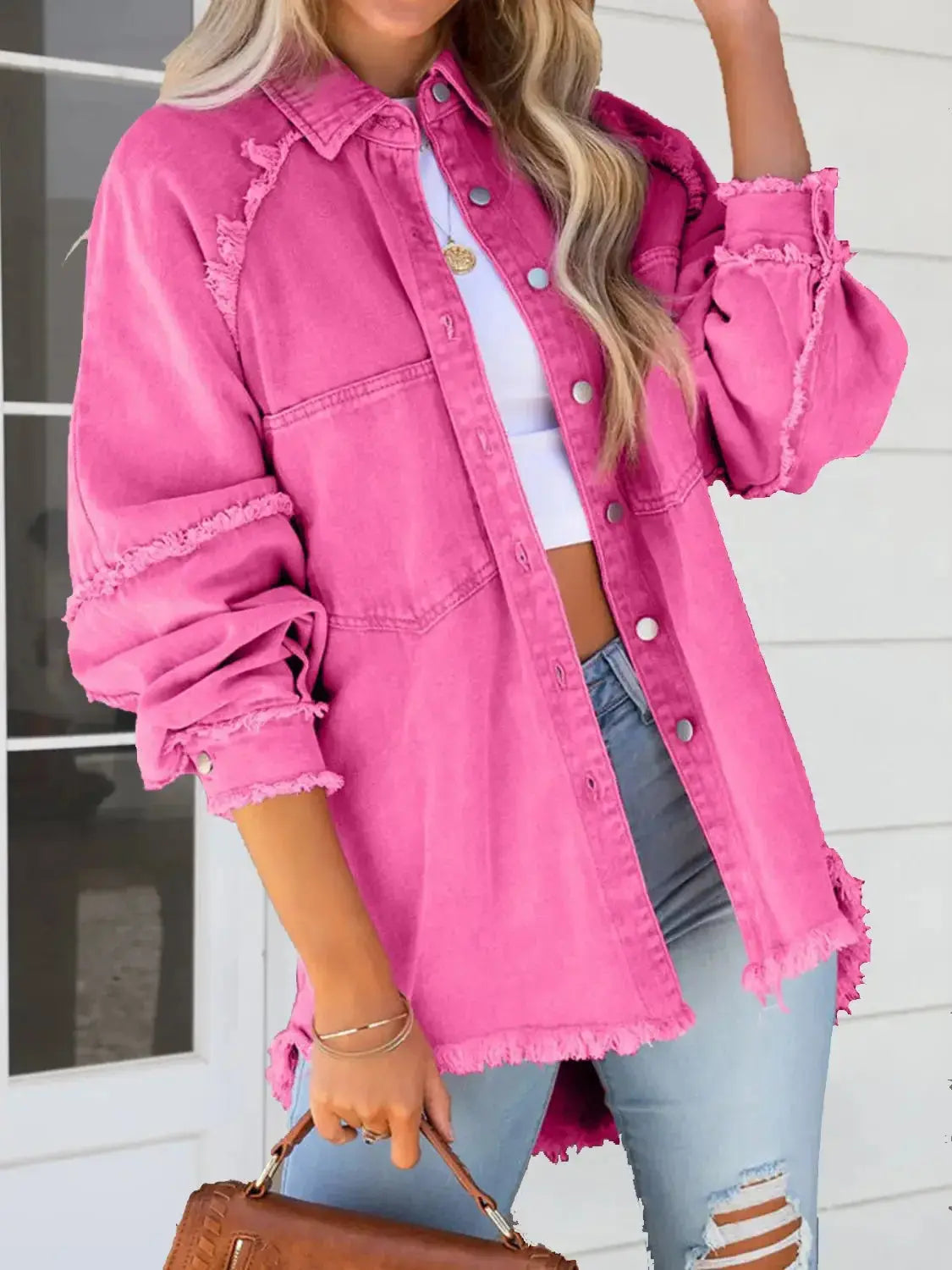 Women’s cotton blend button-down raw hem denim jacket by Plush Fashion Hub, casual outerwear with a relaxed fit.