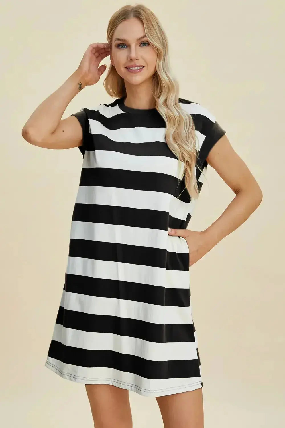 Women's casual striped mini dress with round neck and cap sleeves by Plush Fashion Hub, stylish and comfortable for everyday wear.