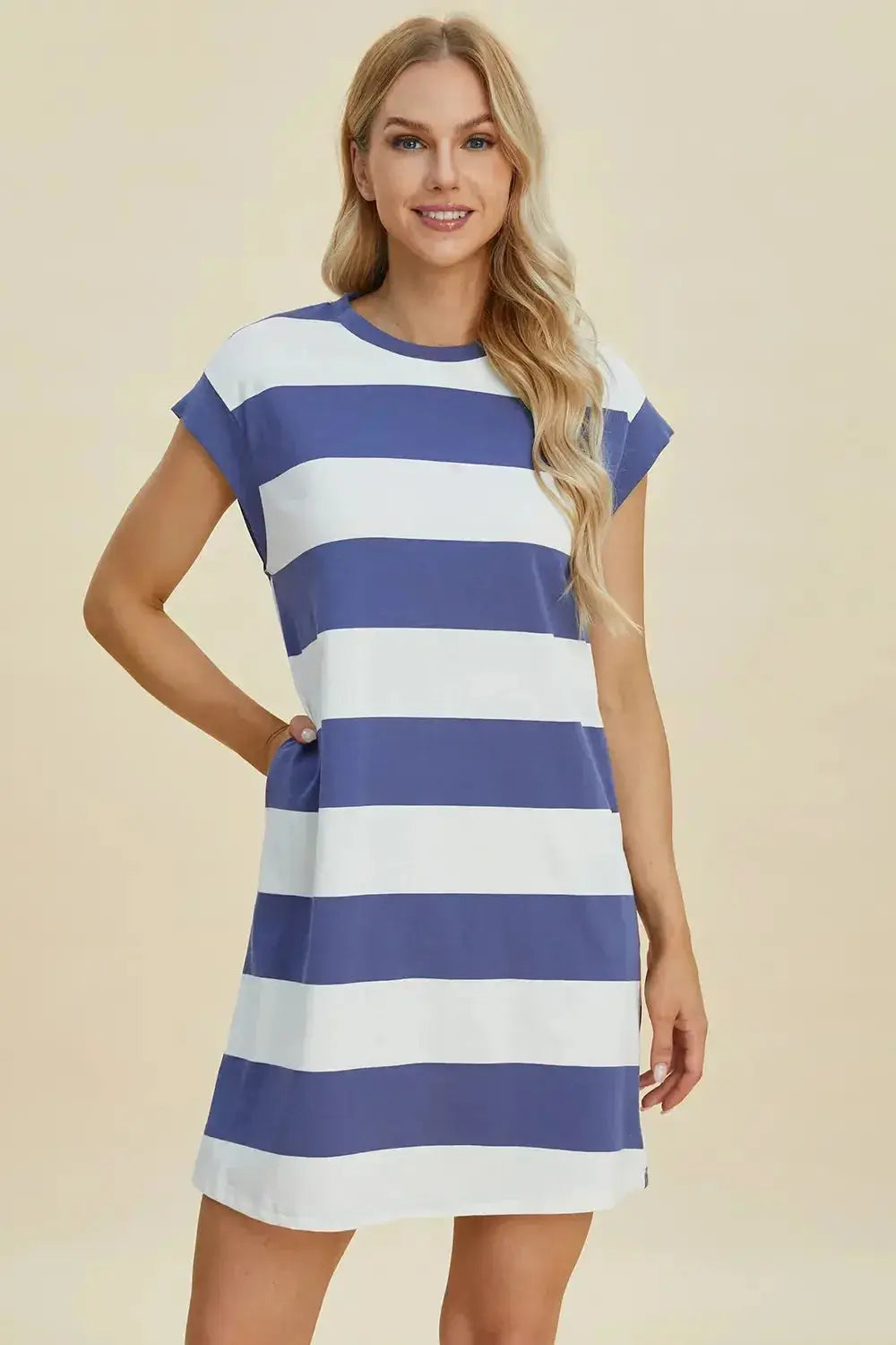 Women’s casual striped mini dress with round neck and cap sleeves by Plush Fashion Hub, perfect for everyday wear.