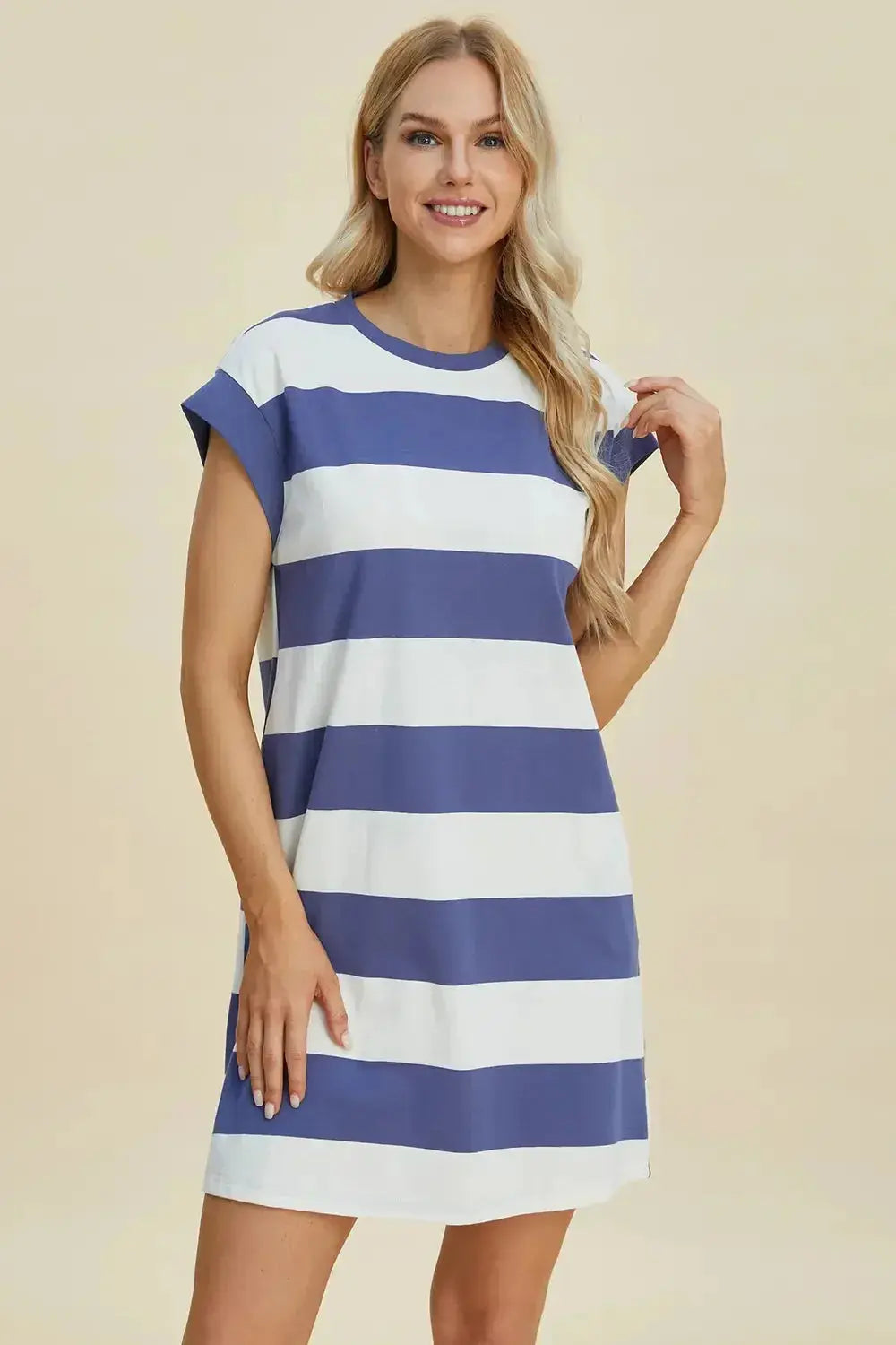 Women's casual striped round neck cap sleeve mini dress by Plush Fashion Hub, featuring a fitted style and comfortable fabric.