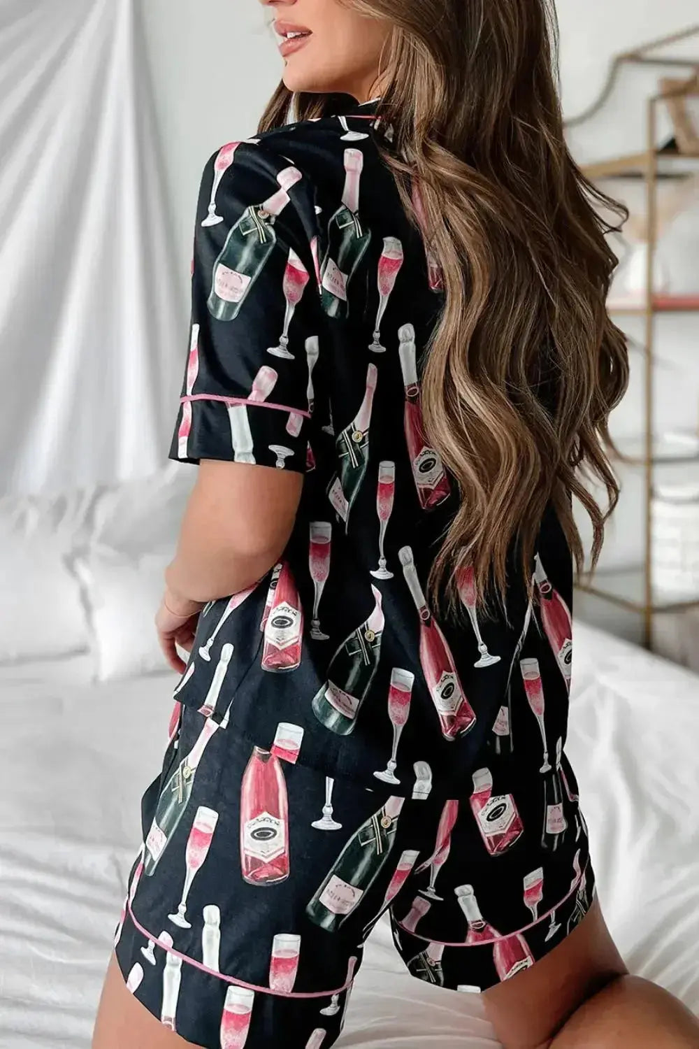 Women's champagne print short sleeve pajama top and shorts lounge set by Plush Fashion Hub, featuring a comfortable, stylish sleepwear design.