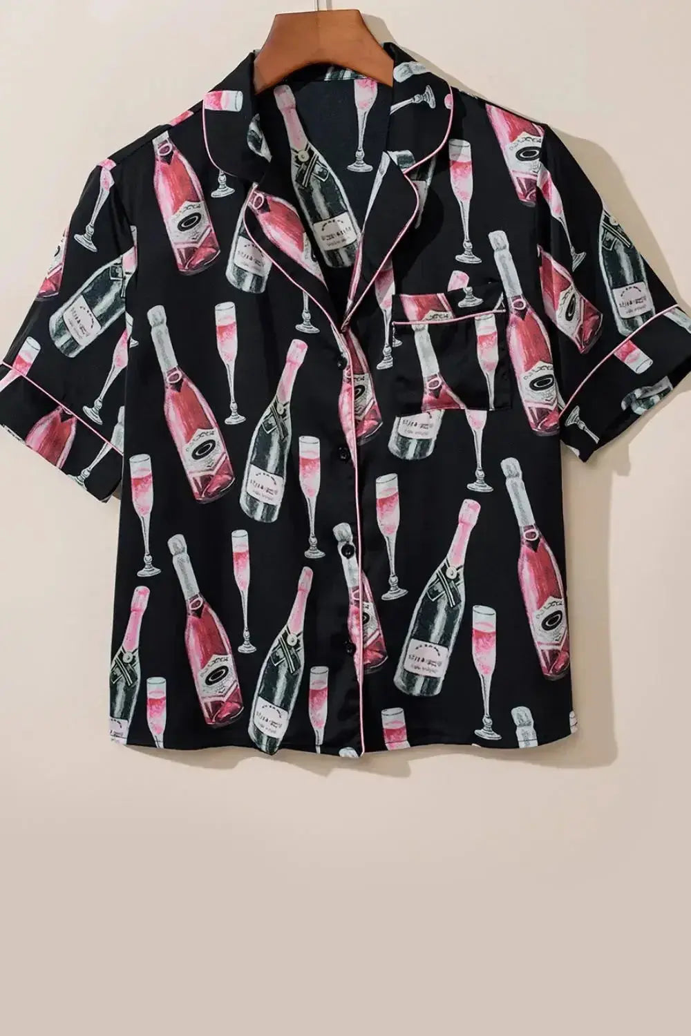 Women wearing Plush Fashion Hub champagne print short sleeve pajama top and shorts lounge set, comfortable sleepwear for women.
