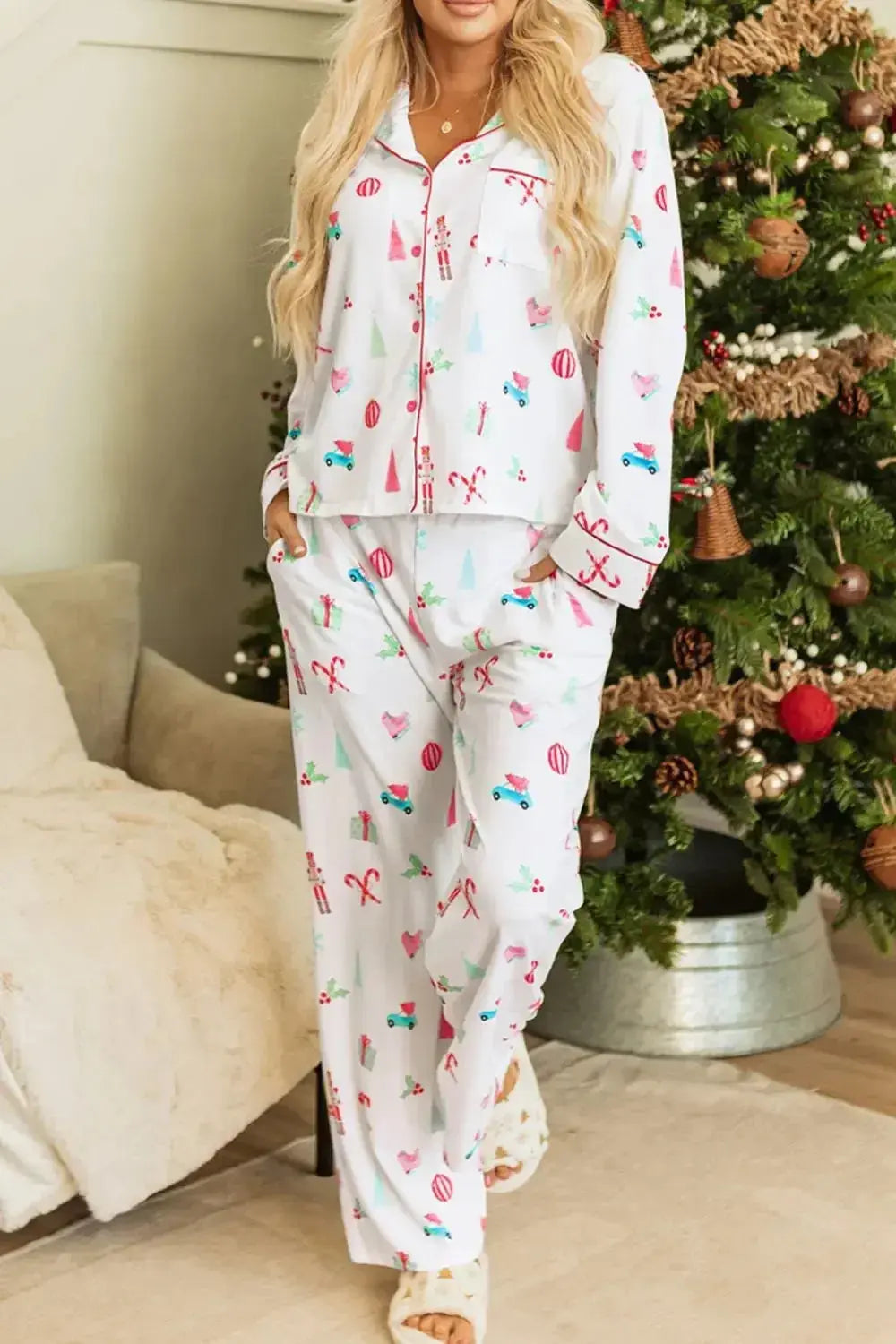 Women’s Christmas print long sleeve collared pajama lounge set by Plush Fashion Hub featuring festive holiday design.