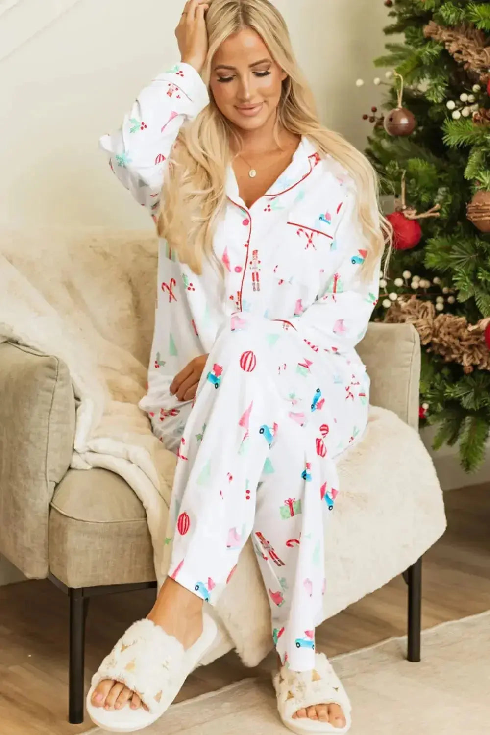Women’s Christmas print long sleeve collared pajama lounge set by Plush Fashion Hub, featuring festive holiday-themed patterns.
