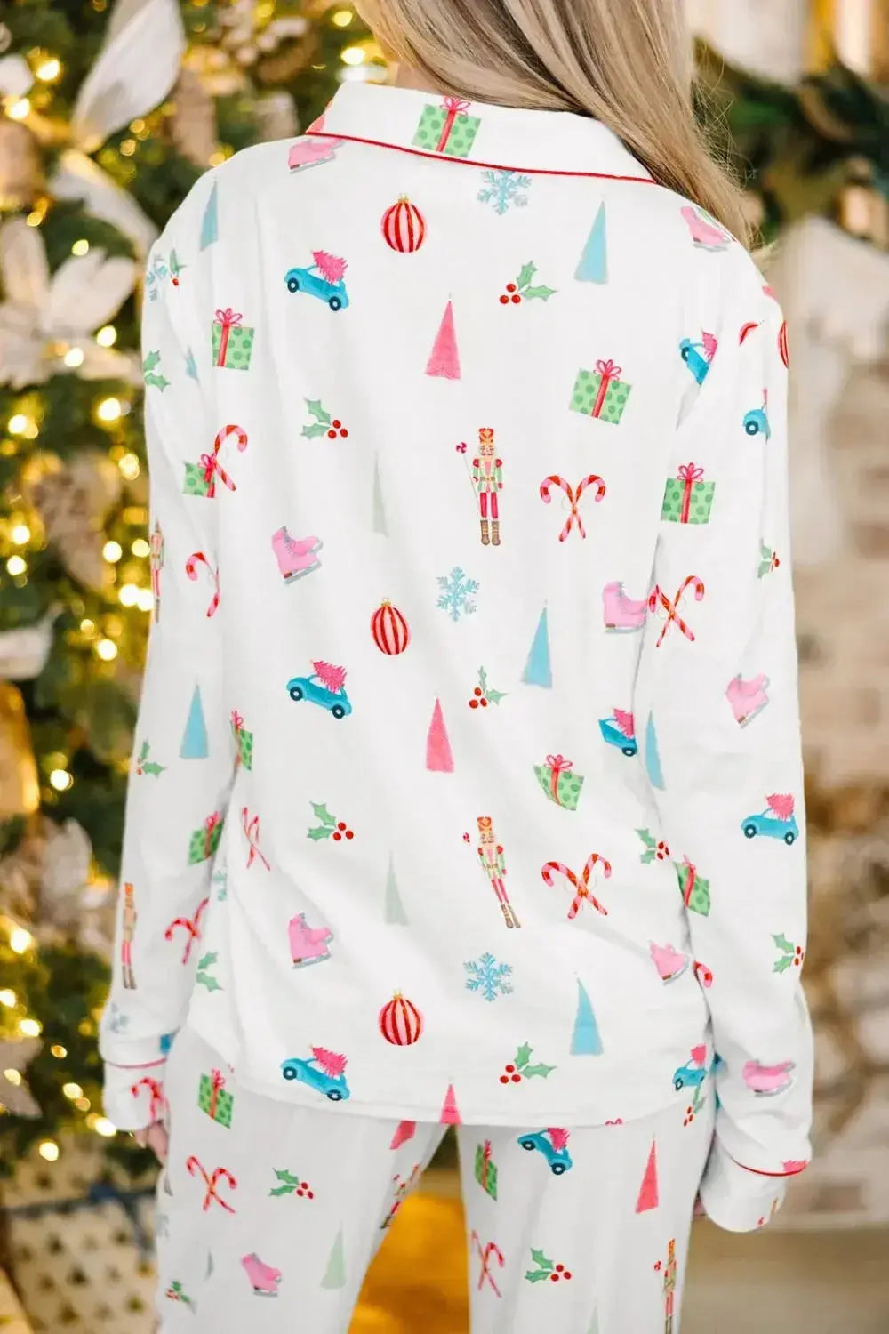 Women’s Christmas print long sleeve collared pajama lounge set by Plush Fashion Hub, featuring festive holiday design and comfortable fabric.