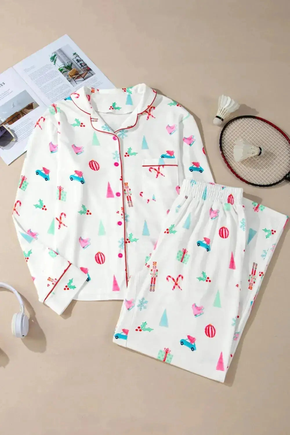 Women’s Christmas print long sleeve collared pajamas lounge set by Plush Fashion Hub, cozy holiday sleepwear with festive design.