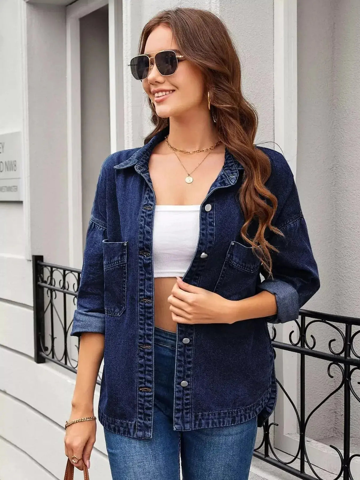 Women’s classic long sleeve denim shirt by Plush Fashion Hub, made from premium cotton blend, featuring button-up front and casual style.