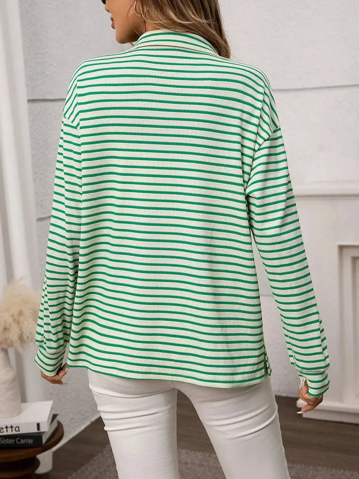 Women’s classic striped long sleeve button-up shirt by Plush Fashion Hub, perfect for office wear and versatile styling.