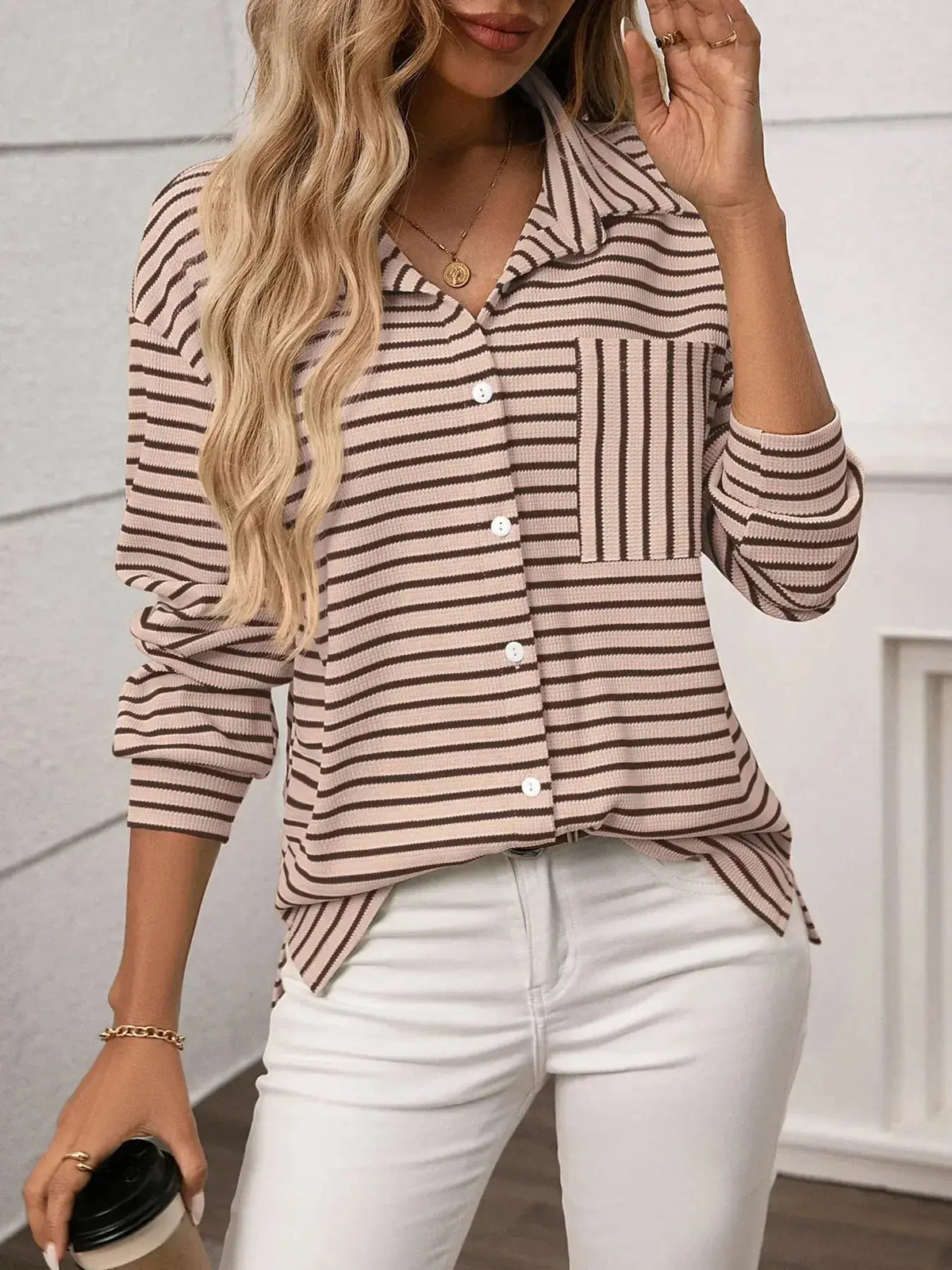 Women’s classic striped long sleeve button-up shirt by Plush Fashion Hub, suitable for office wear and casual styling.