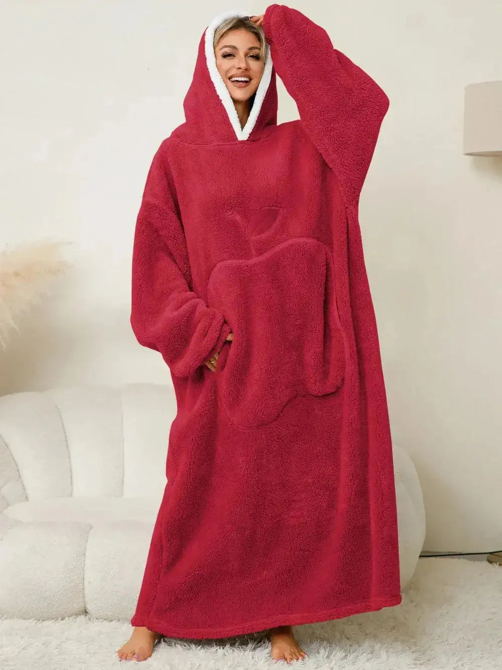 Women’s contrast hooded long sleeve lounge dress with pockets, made by Plush Fashion Hub, ideal for cozy pajamas and relaxed home wear.