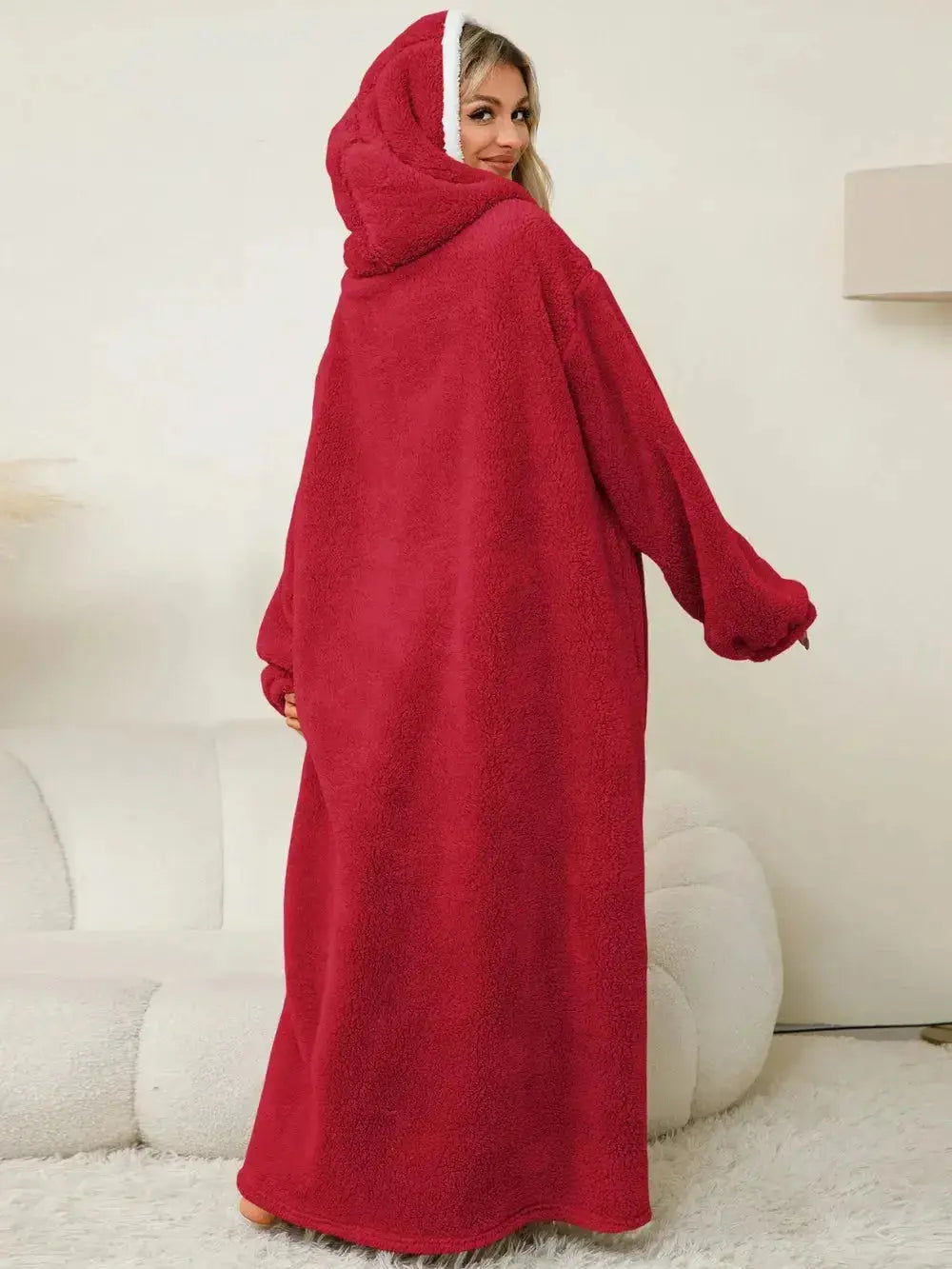 Women’s contrast hooded lounge dress with long sleeves and pockets, made by Plush Fashion Hub, perfect for cozy relaxation.