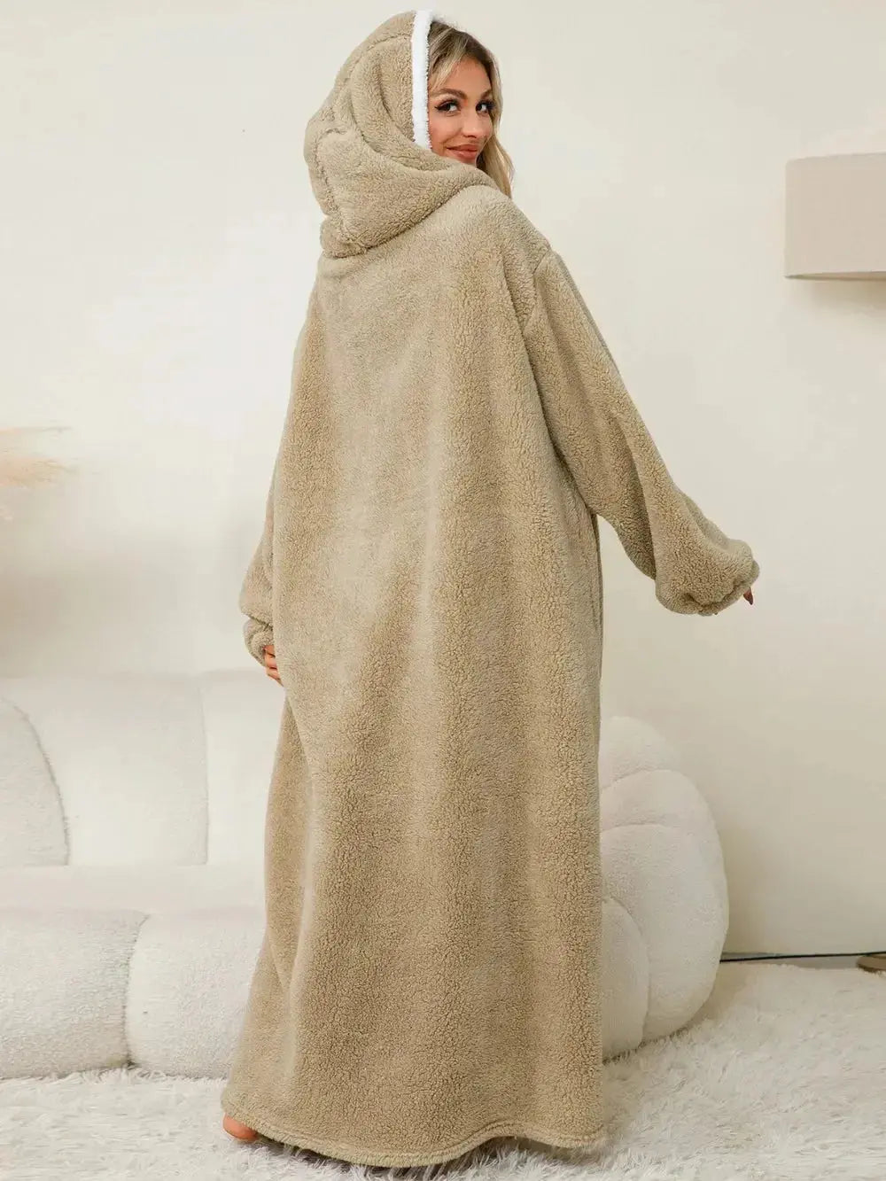 Women’s contrast hooded long sleeve lounge dress with pockets by Plush Fashion Hub, cozy pajamas perfect for relaxing at home.