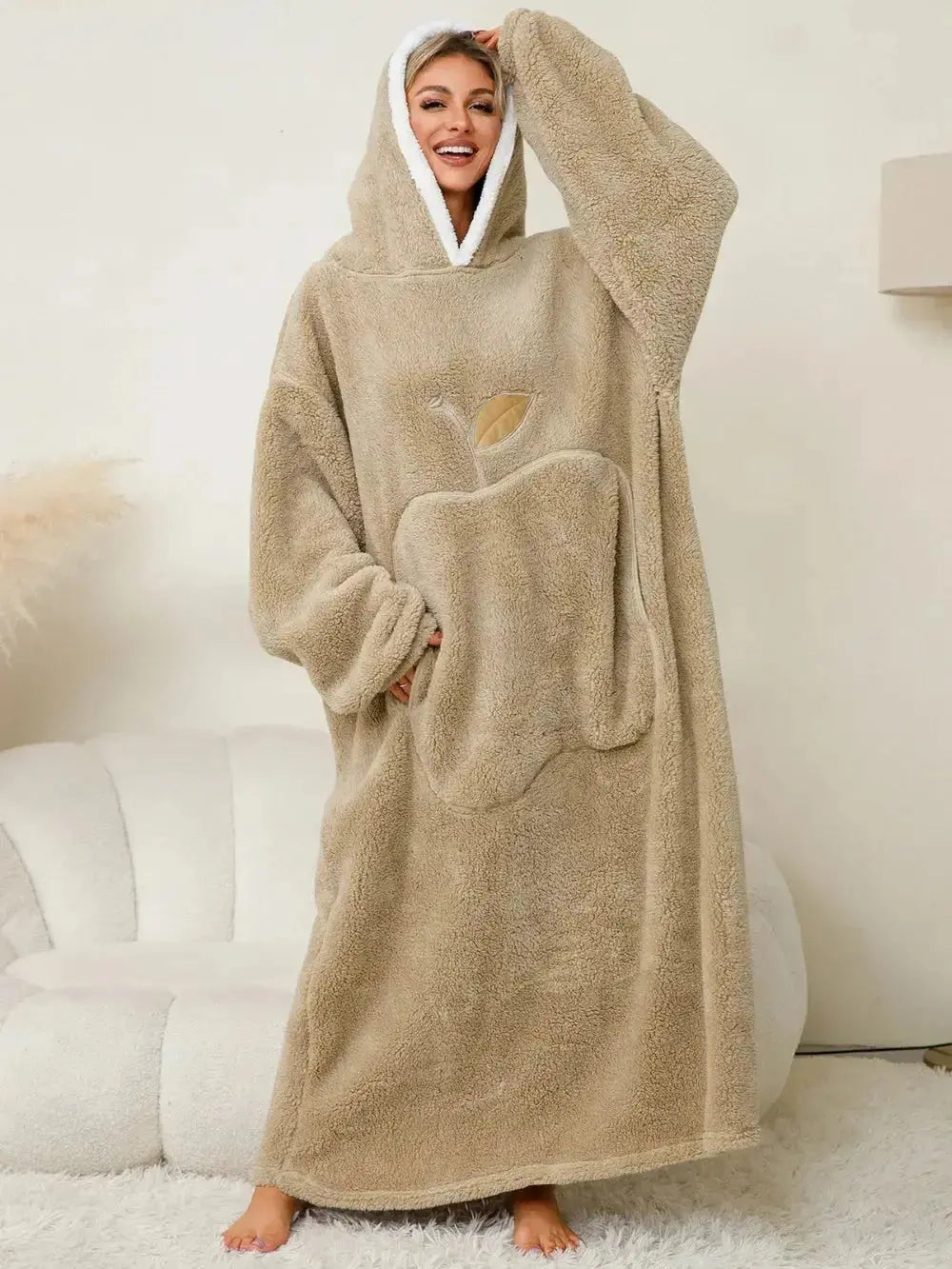 Women’s contrast hooded long sleeve lounge dress with pockets, soft pajamas from Plush Fashion Hub, casual and comfortable for relaxing.