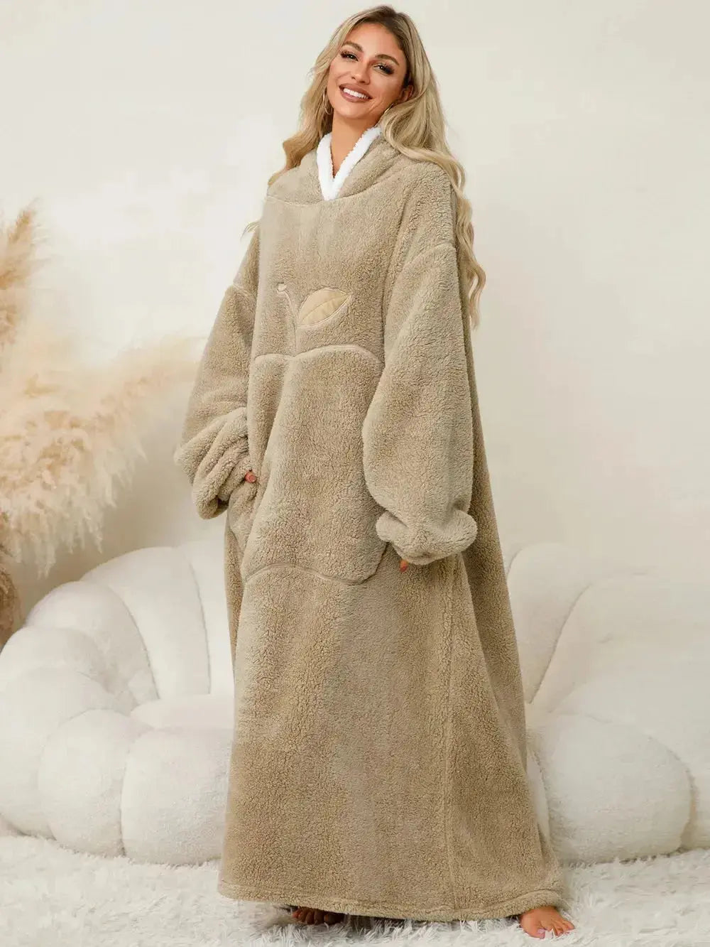 Women’s contrast hooded long sleeve lounge dress with pockets, soft pajamas by Plush Fashion Hub, comfortable casual sleepwear.