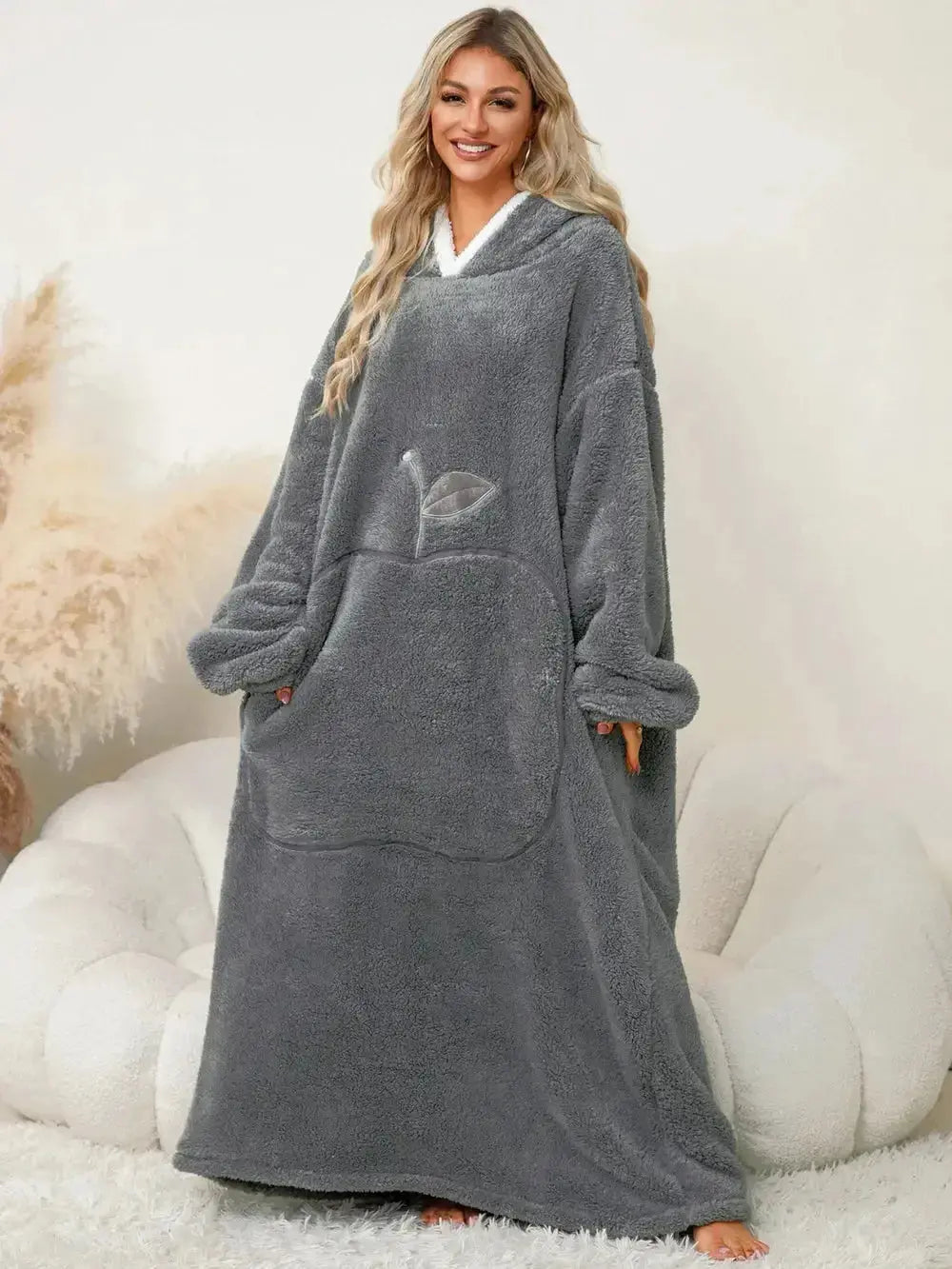 Women’s contrast hooded long sleeve lounge dress with pockets, soft pajamas by Plush Fashion Hub, ideal for cozy relaxation.