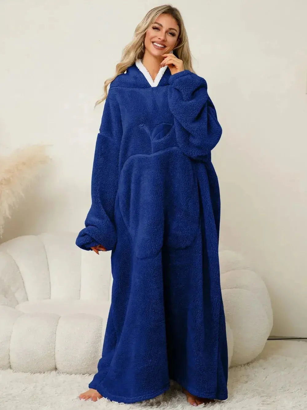 Women’s contrast hooded long sleeve lounge dress with pockets, soft pajamas by Plush Fashion Hub, casual and comfortable sleepwear.