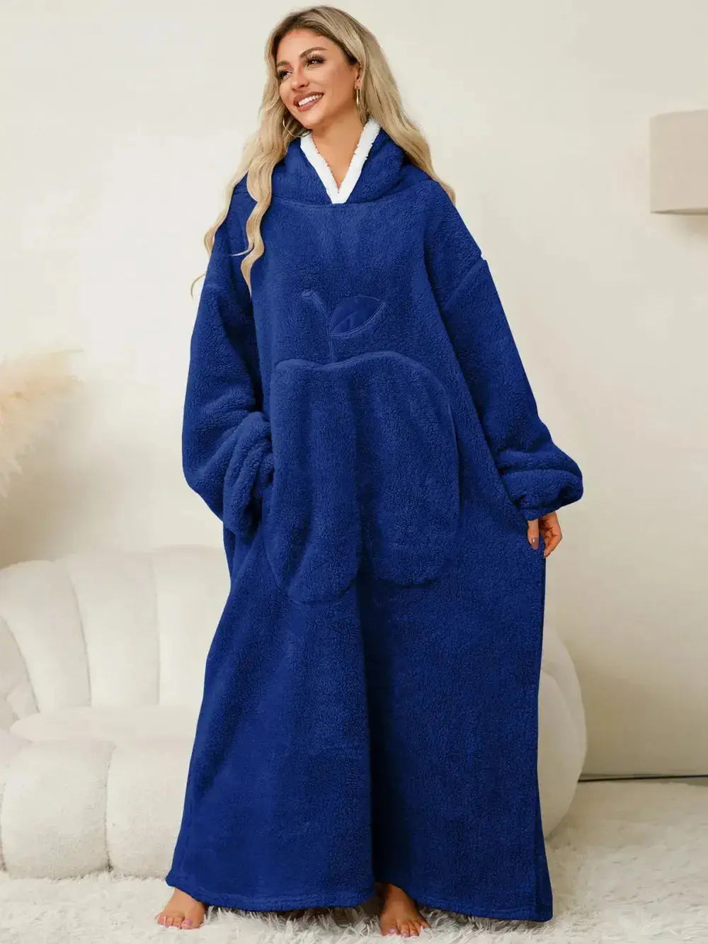 Women’s contrast hooded long sleeve lounge dress with pockets, made by Plush Fashion Hub, perfect for cozy home wear.