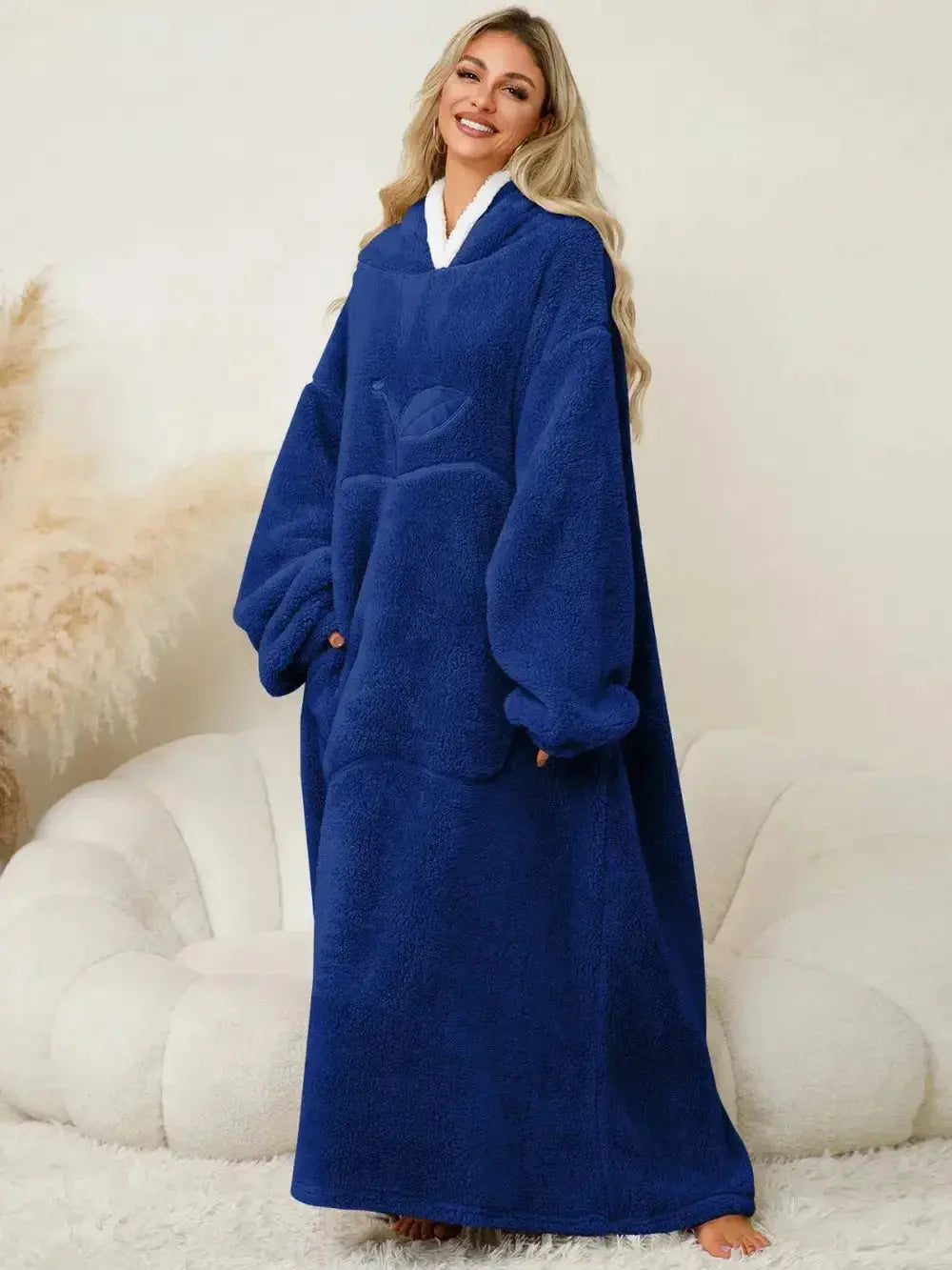 Women’s contrast hooded long sleeve lounge dress with pockets, made by Plush Fashion Hub, perfect for cozy pajamas.