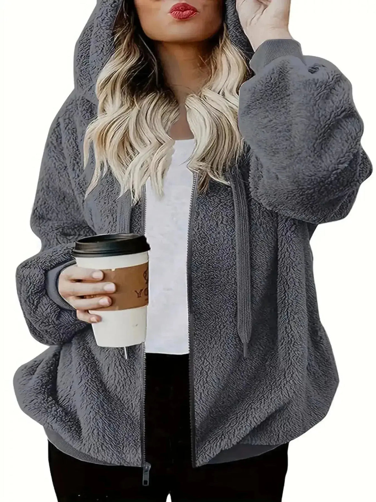 Women’s cozy fleece zip-up hoodie with drawstring from Plush Fashion Hub, featuring a comfortable, casual sweater style.