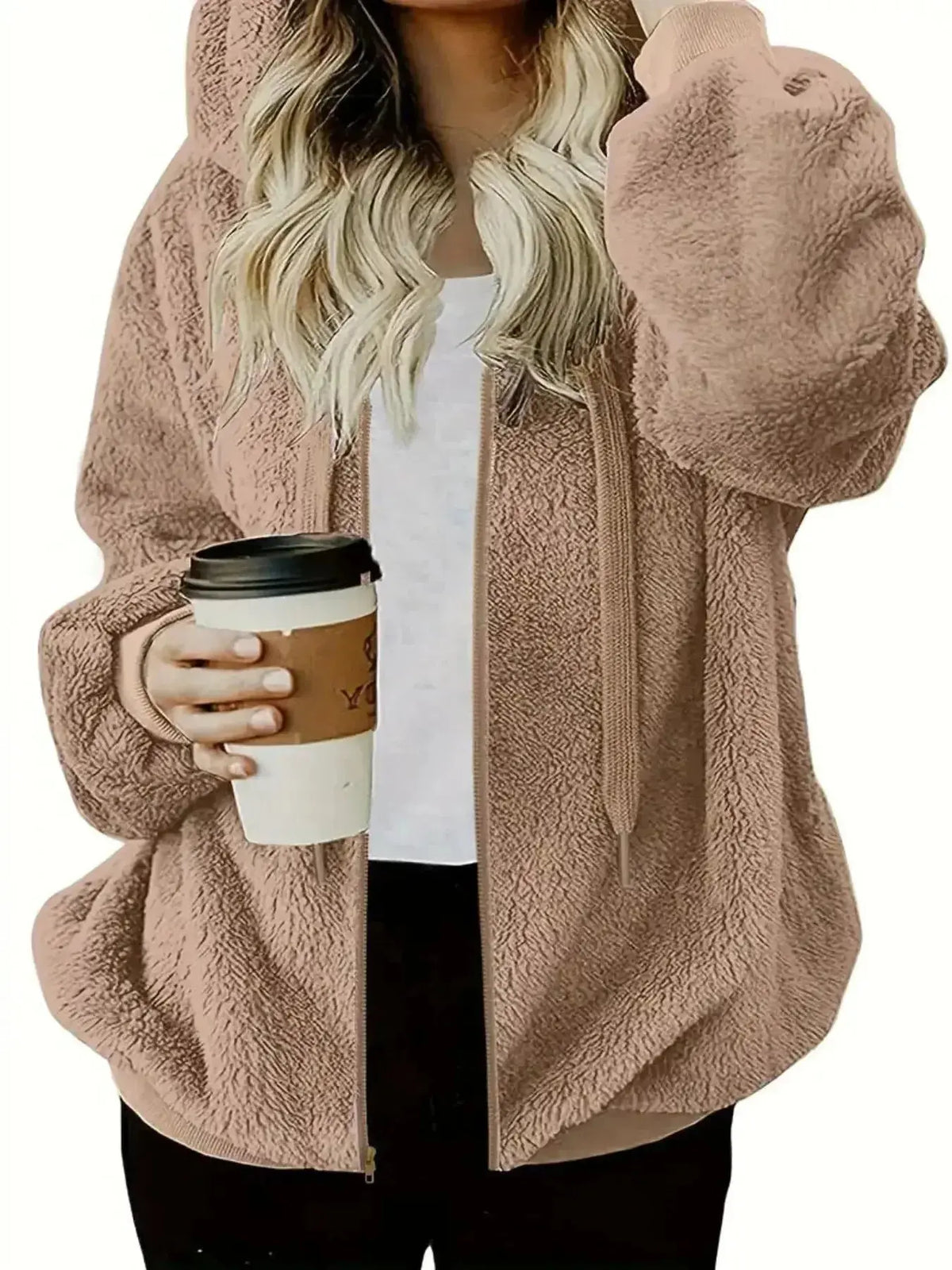Women wearing Plush Fashion Hub cozy fleece zip-up hoodie with drawstring, showcasing a comfortable, stylish sweater.
