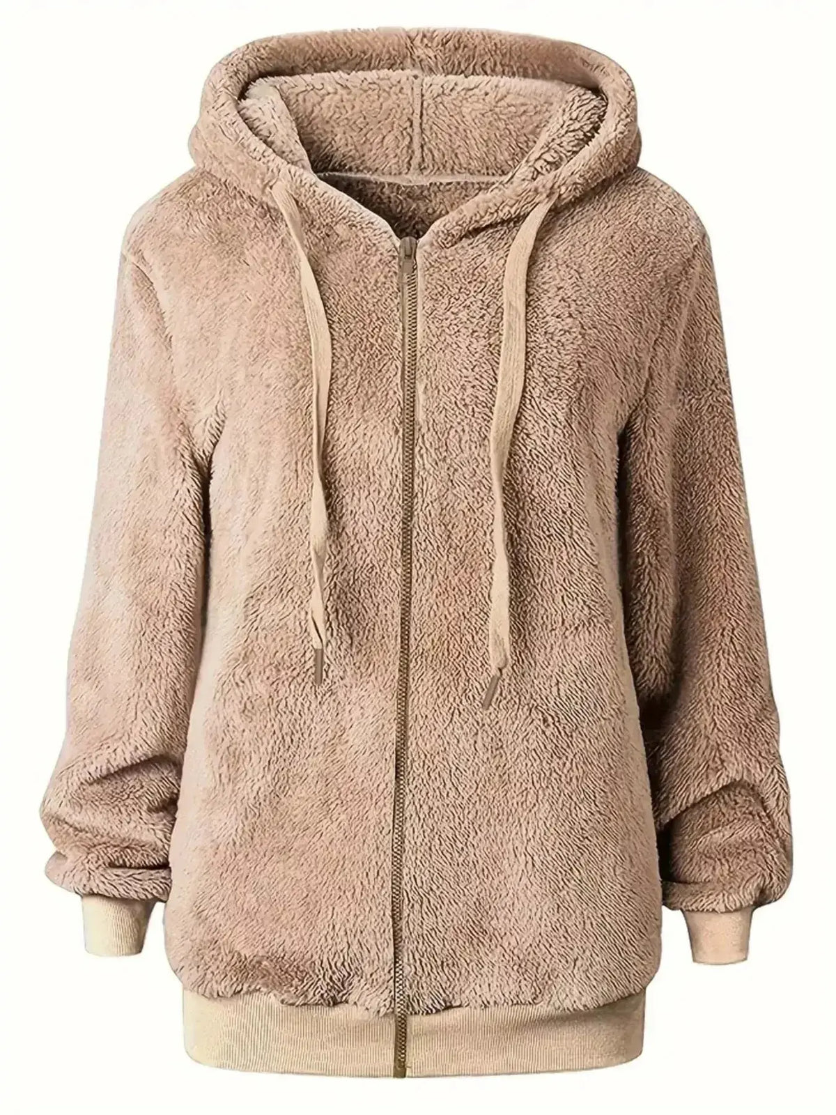 Women’s cozy fleece zip-up hoodie with drawstrings by Plush Fashion Hub, featuring a comfortable, casual sweater design.