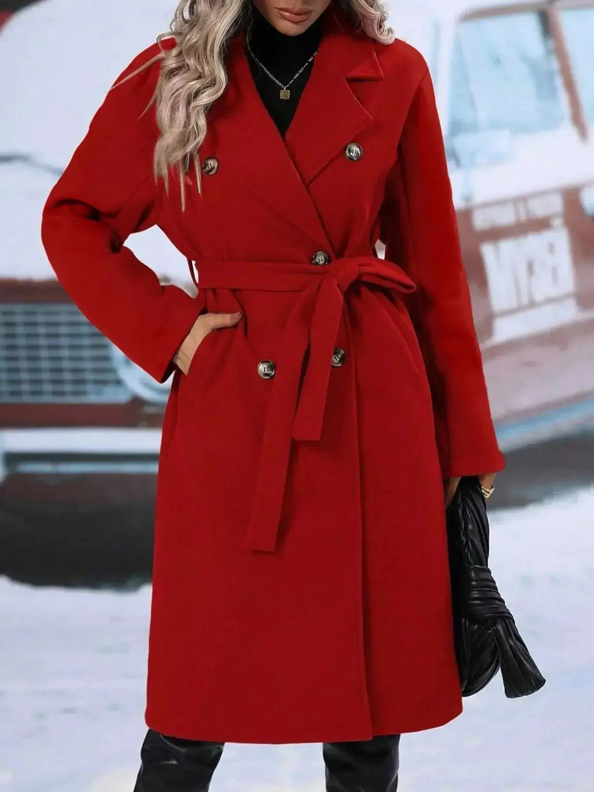 Women's double-breasted trench coat with tie waist belt from Plush Fashion Hub, featuring classic design and stylish fit.