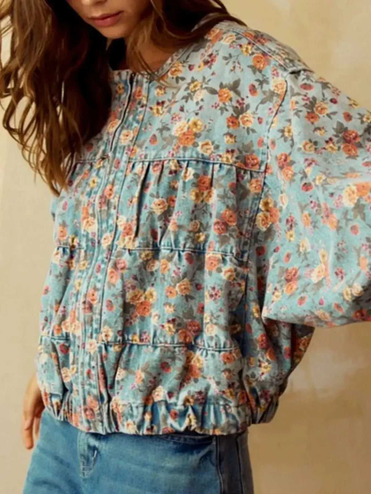 Women’s floral print cropped denim utility jacket by Plush Fashion Hub, with zip-up front and cotton blend fabric.