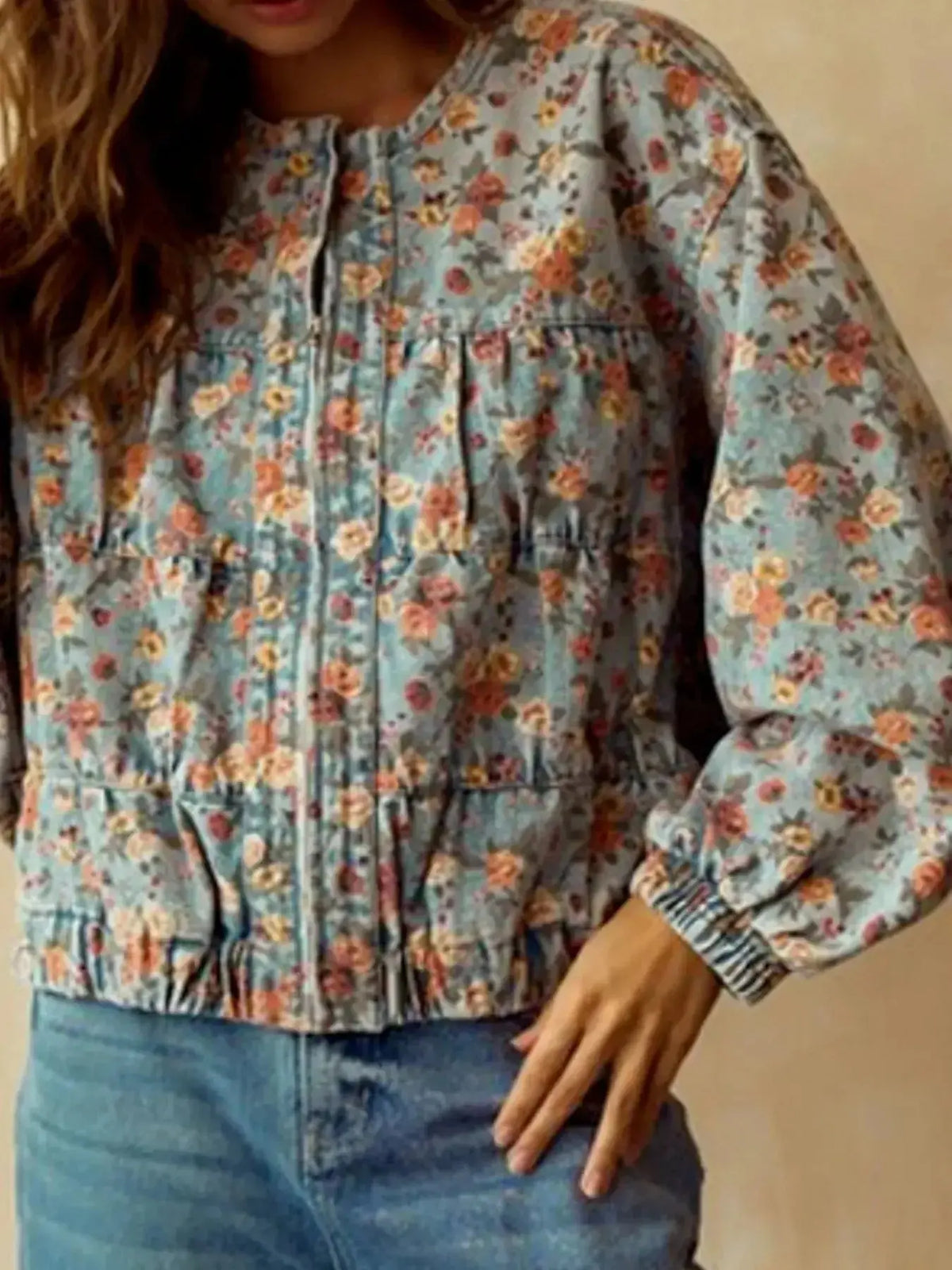 Women’s floral print cropped denim utility jacket by Plush Fashion Hub, featuring zip-up front and cotton blend fabric.