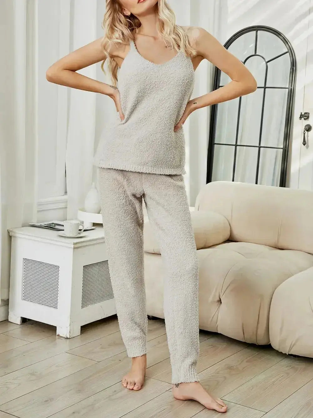 Women’s fuzzy V-neck cami and pants two-piece lounge sleepwear set by Plush Fashion Hub, featuring soft, cozy fabric for comfortable wear.