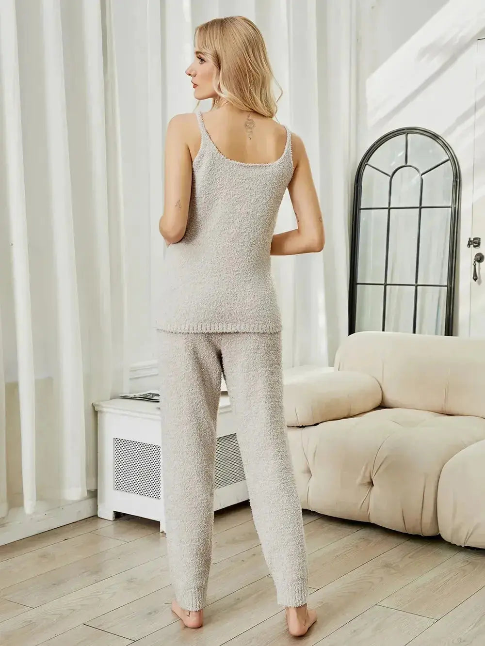 Women’s fuzzy V-neck cami and pants two-piece lounge sleepwear set by Plush Fashion Hub, featuring soft, cozy fabric and relaxed fit.