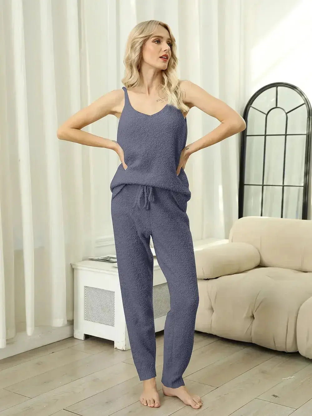Women’s fuzzy V-neck cami and pants two-piece lounge sleepwear set from Plush Fashion Hub, featuring cozy fabric and relaxed fit.