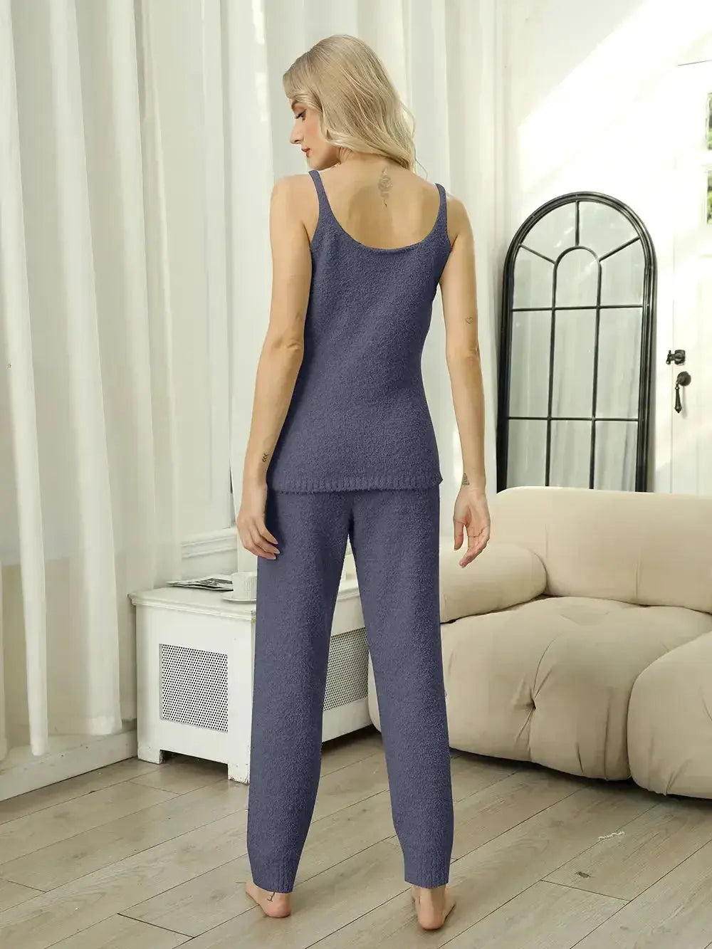 Women’s fuzzy V-neck cami and pants two-piece lounge sleepwear set by Plush Fashion Hub, soft, cozy pajamas for relaxation.