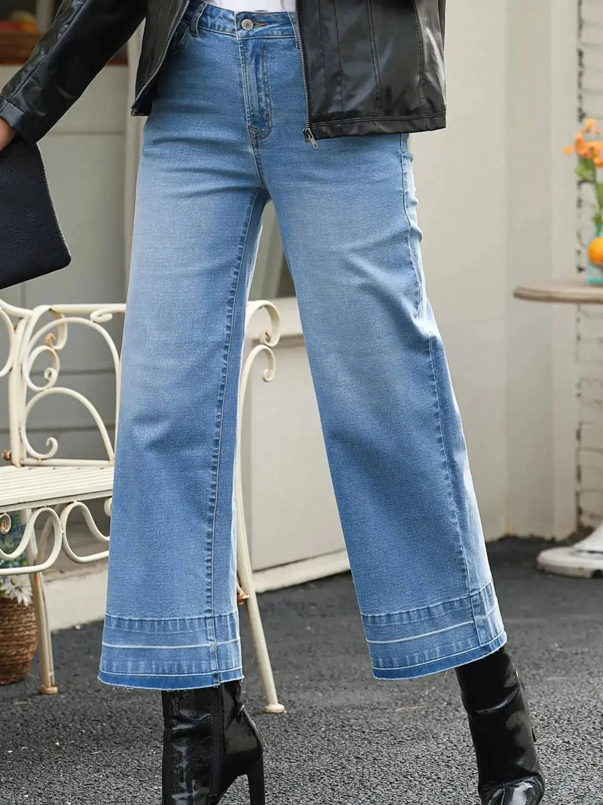Women’s high-waisted wide-leg washed denim jeans from Plush Fashion Hub with a relaxed fit and classic style.