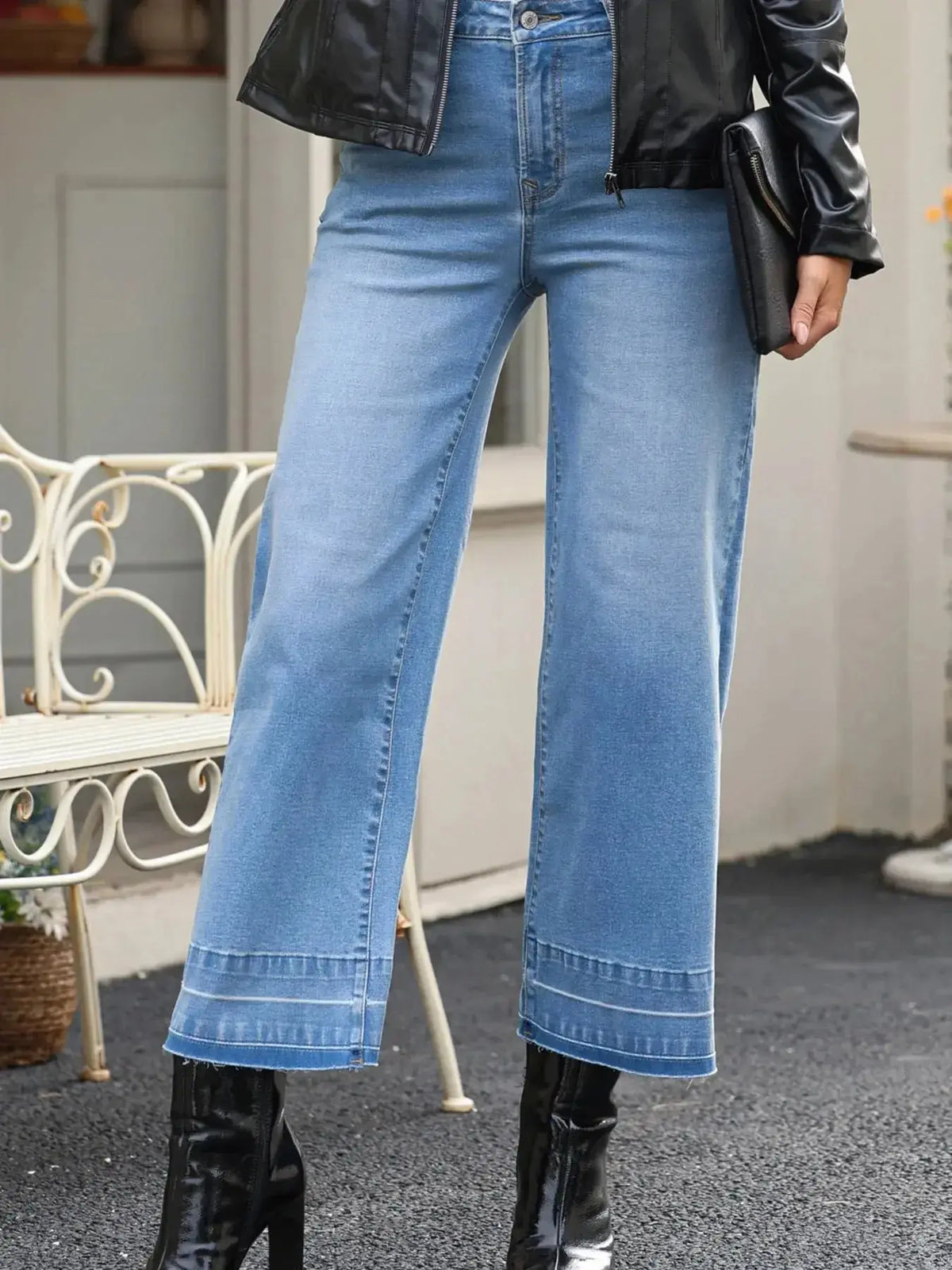 Women’s high-waisted wide-leg washed denim jeans by Plush Fashion Hub, featuring a relaxed fit and classic style.