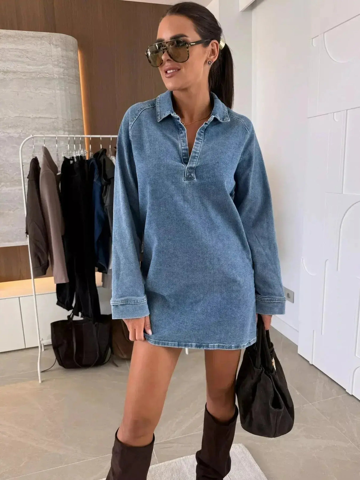 Women’s long sleeve collared denim midi dress by Plush Fashion Hub featuring a casual button-down design.