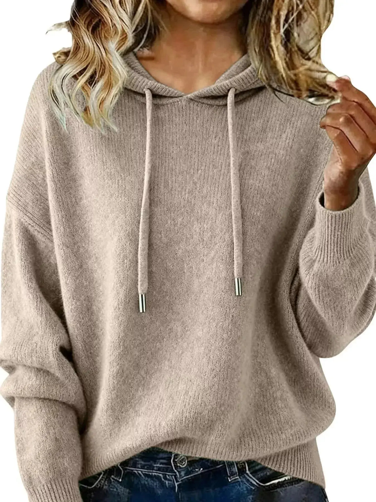 Women’s long sleeve drawstring hooded sweater by Plush Fashion Hub, cozy casual pullover with a relaxed fit and soft fabric.