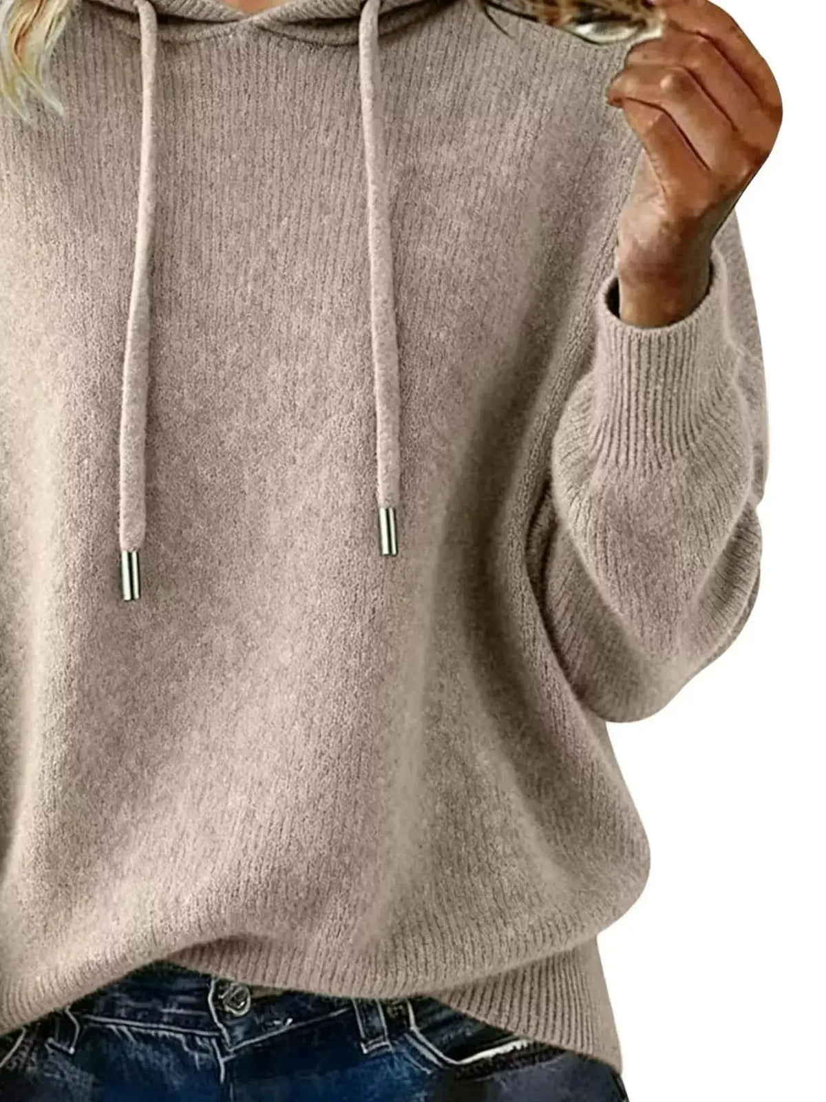 Women’s long sleeve drawstring hooded sweater by Plush Fashion Hub, cozy casual pullover with a relaxed fit and front pocket.