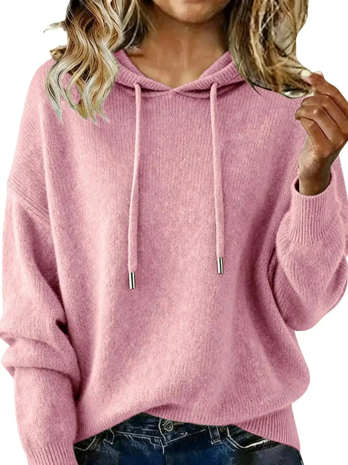 Women’s long sleeve hooded sweater by Plush Fashion Hub featuring a drawstring, cozy casual pullover with a relaxed fit.