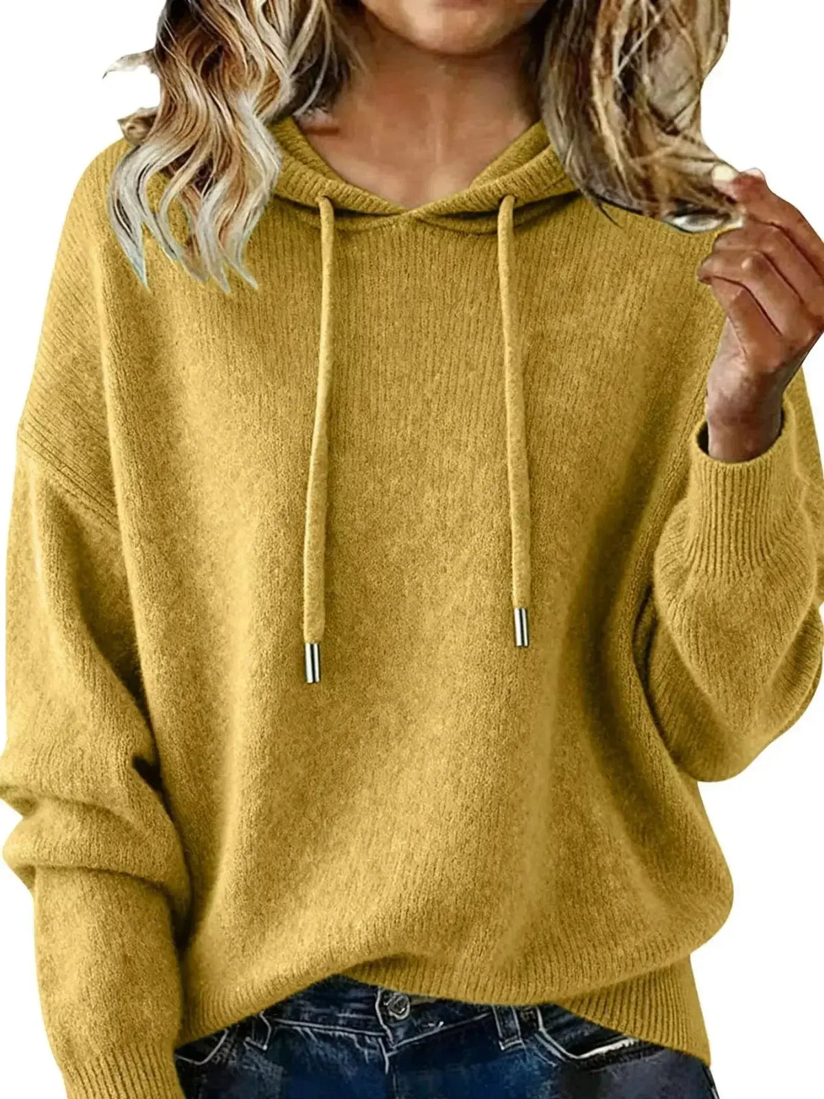 Women’s long sleeve drawstring hooded sweater from Plush Fashion Hub, cozy casual pullover with a relaxed fit and front pocket.