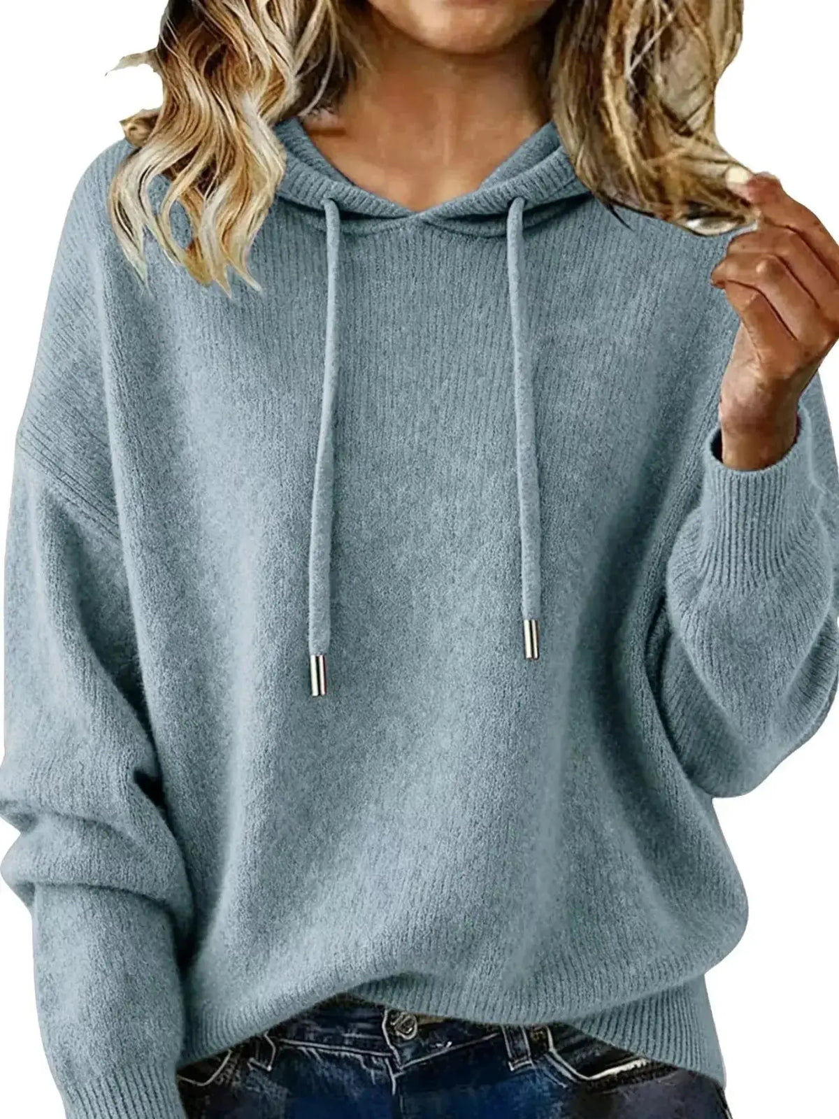 Women’s long sleeve drawstring hooded sweater by Plush Fashion Hub, cozy casual pullover with a relaxed fit and stylish hood.
