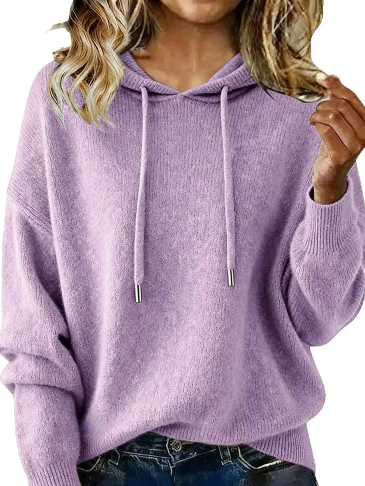 Women’s long sleeve drawstring hooded sweater by Plush Fashion Hub, cozy casual pullover with a relaxed fit and front pockets.