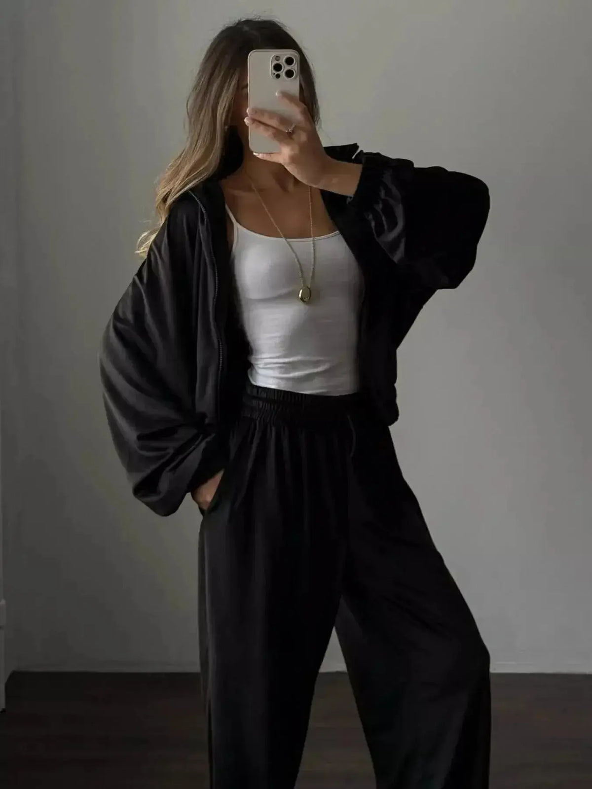 Women’s long sleeve zip-up jacket and pants lounge set by Plush Fashion Hub, comfortable and stylish casual wear.