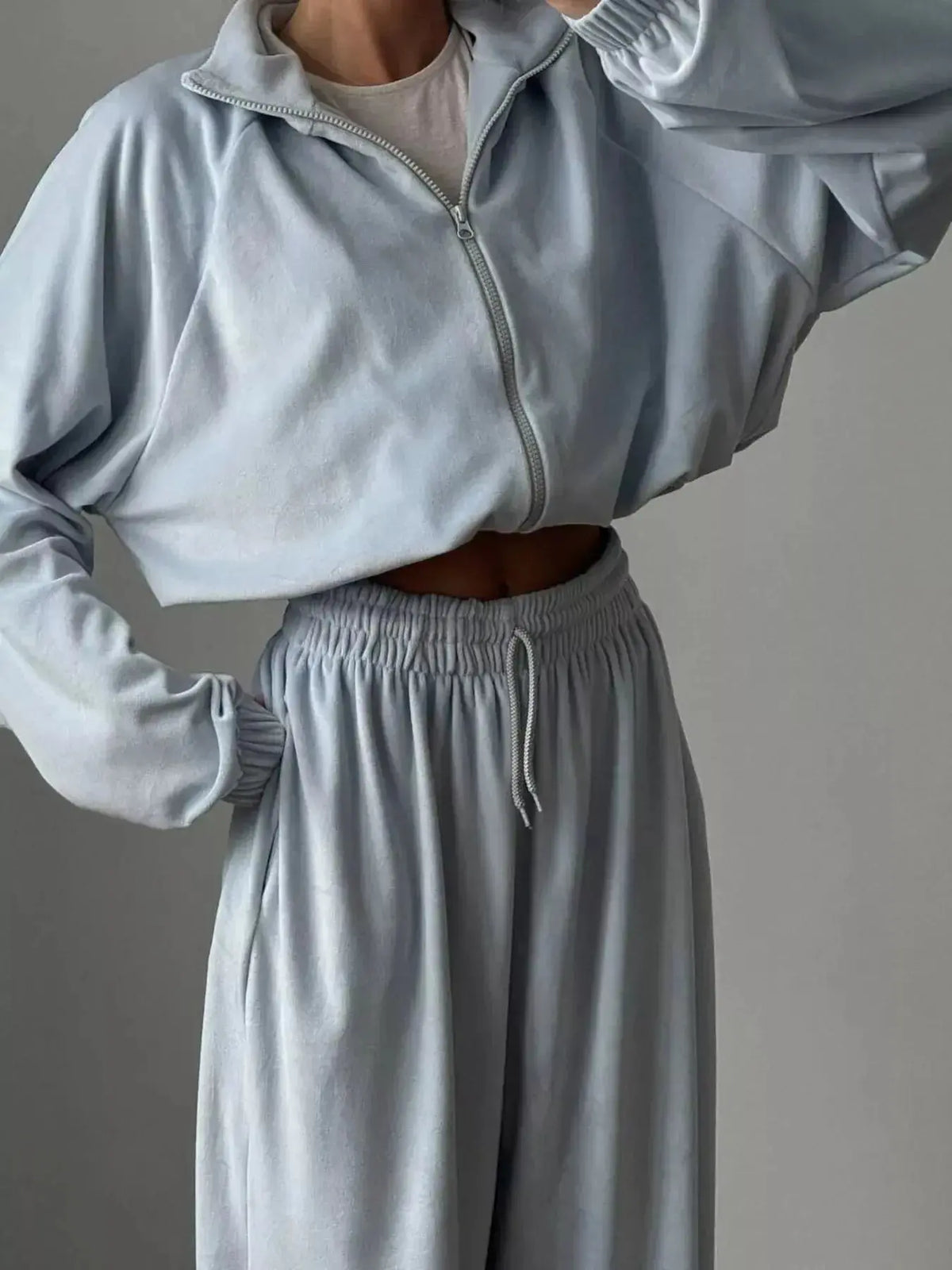 Women’s long sleeve zip-up jacket and pants lounge set by Plush Fashion Hub, casual comfortable athleisure wear.