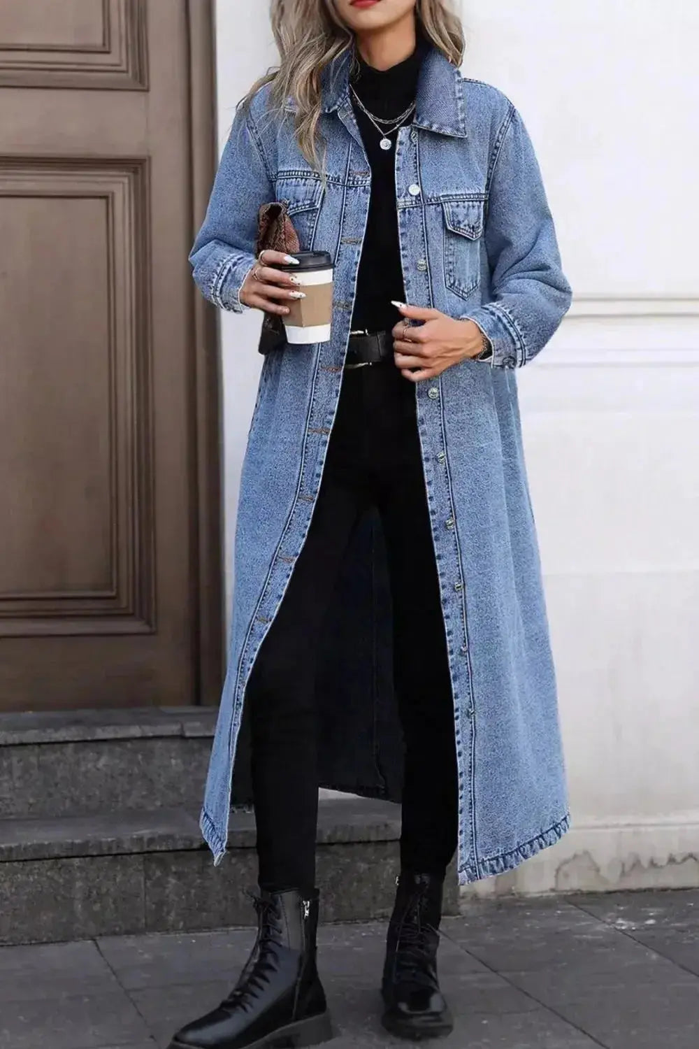 Women’s oversized longline cotton denim utility jacket with button-down front, featuring a relaxed fit and practical design.