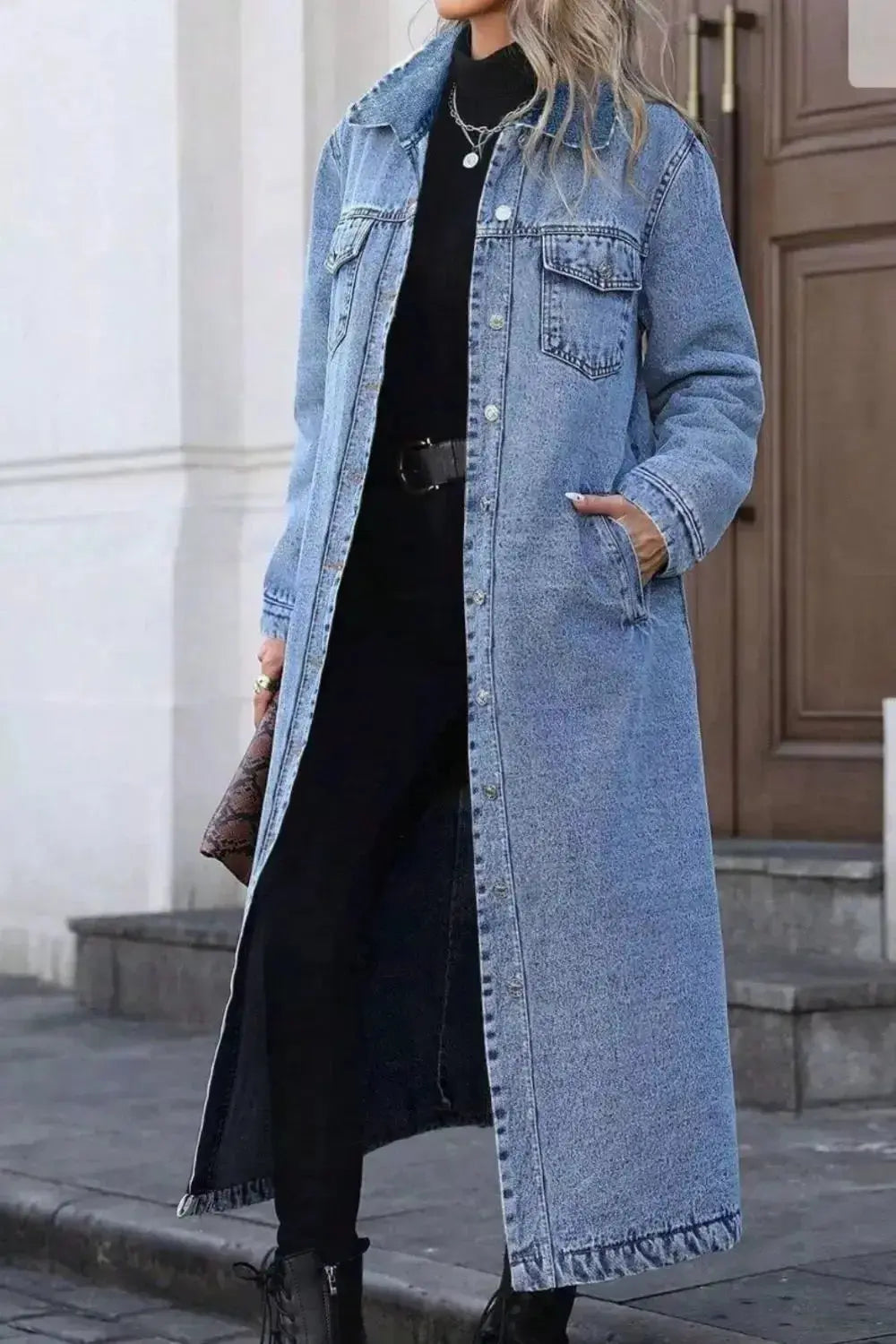 Women’s oversized longline denim utility jacket by Plush Fashion Hub, featuring button-down front and classic cotton denim material.