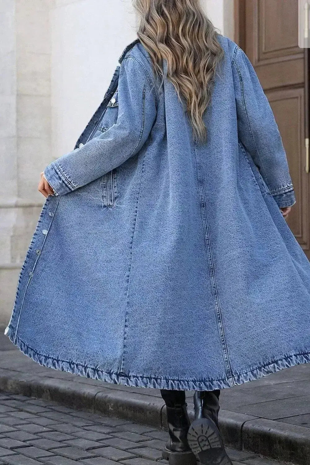 Women’s oversized longline denim utility jacket with button-down front and cotton fabric by Plush Fashion Hub.