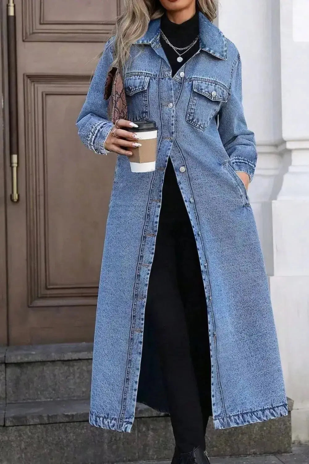 Women's longline denim jacket by Plush Fashion Hub featuring button front, structured fit, cotton blend outerwear style.